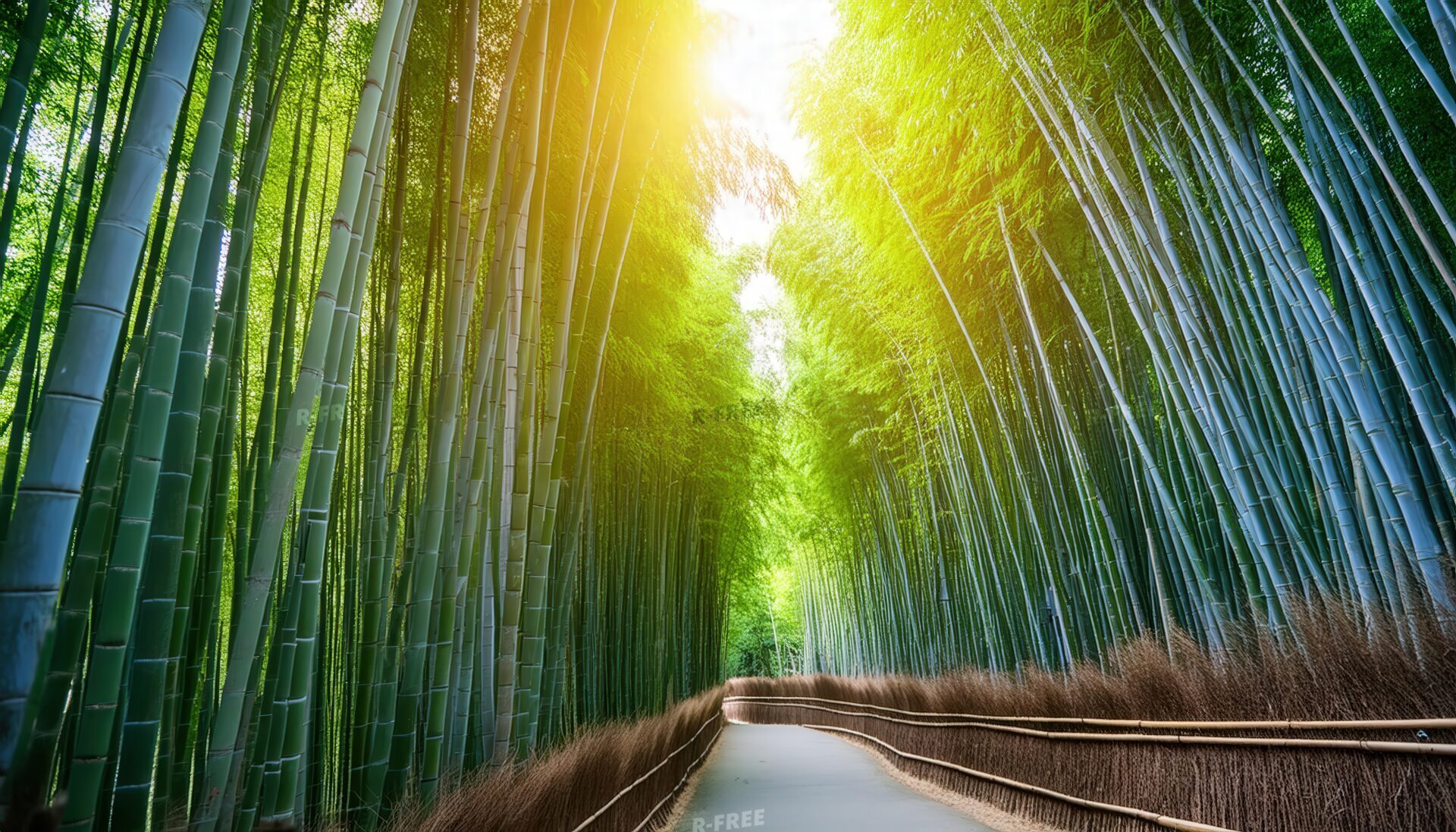 朝日差し込む竹林の小道