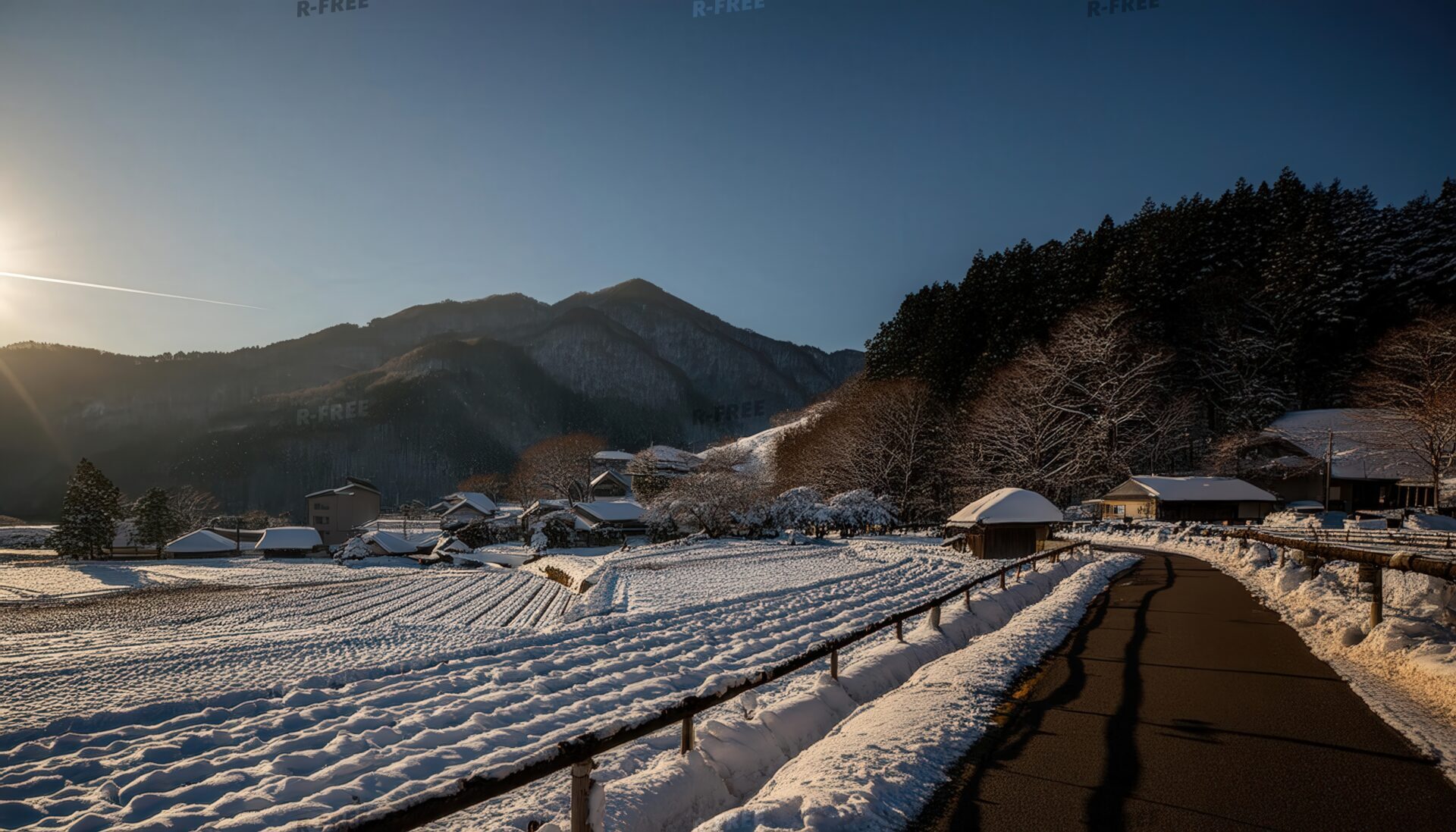 冬の田園と夕暮れ