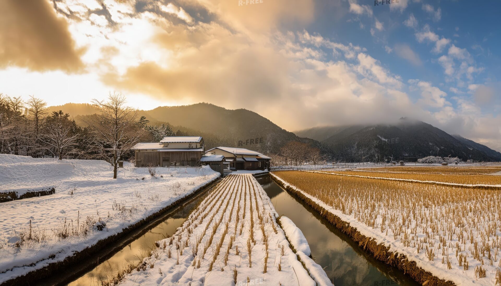 冬の田園と雪解け水路