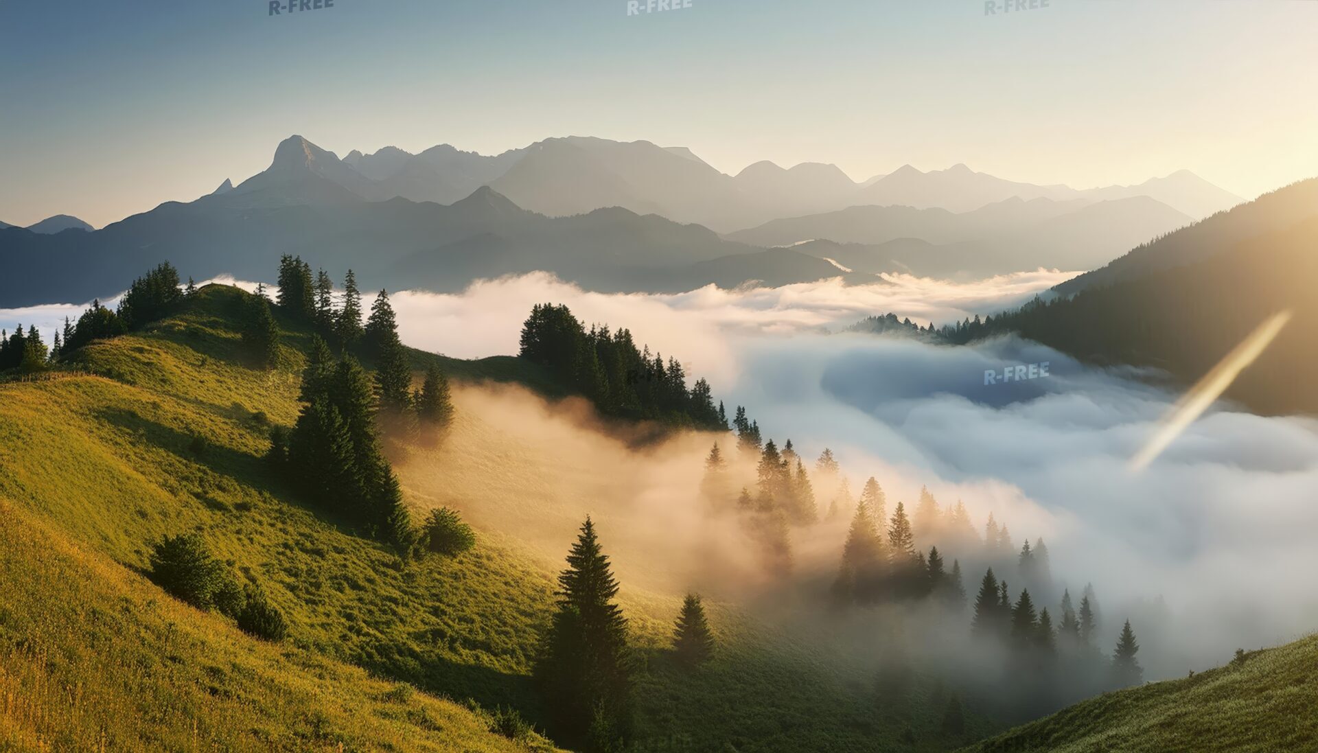 朝日の霧の山