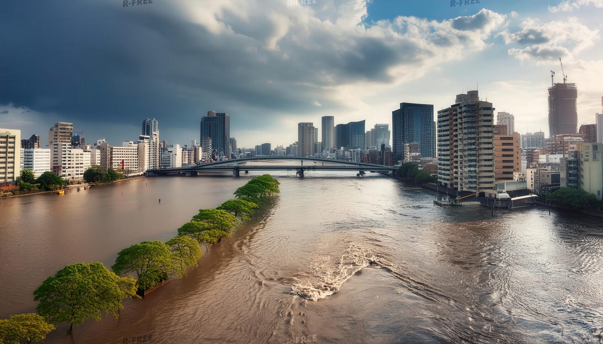 川の氾濫と都市風景