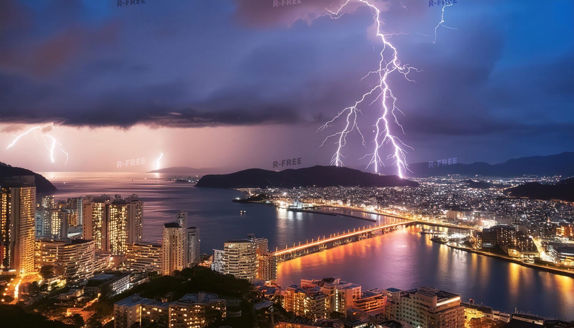 湾岸の高層ビル群と橋に落ちる雷の夜景