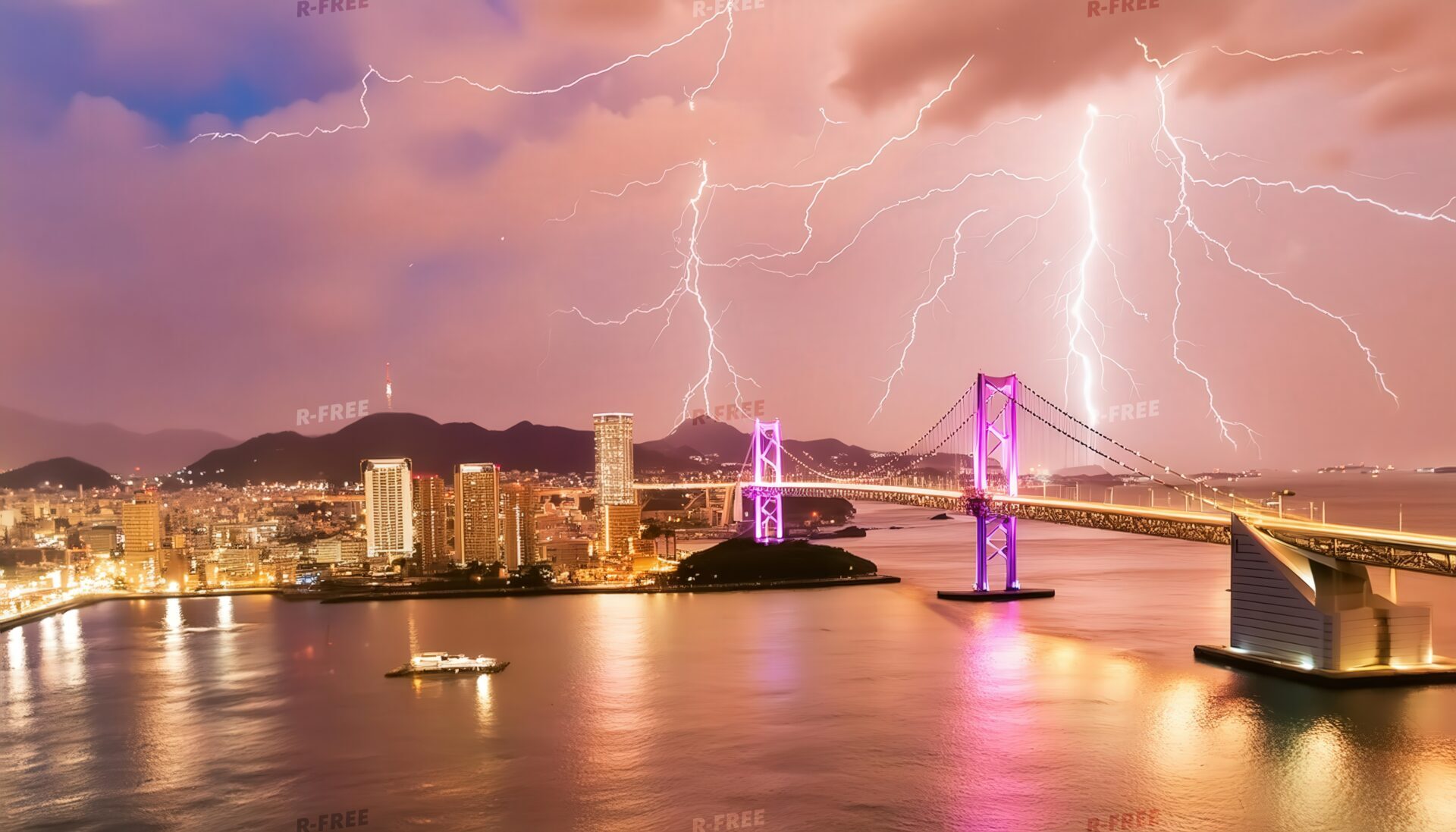 夜の港湾都市に落ちる稲妻とライトアップされた橋