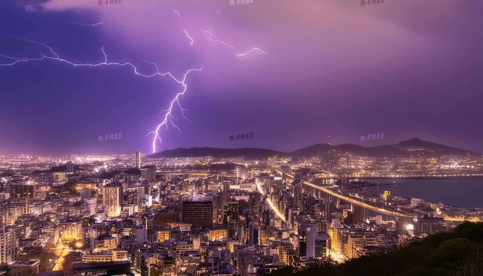 紫色の夜空に稲妻が走る市街地と湾岸夜景