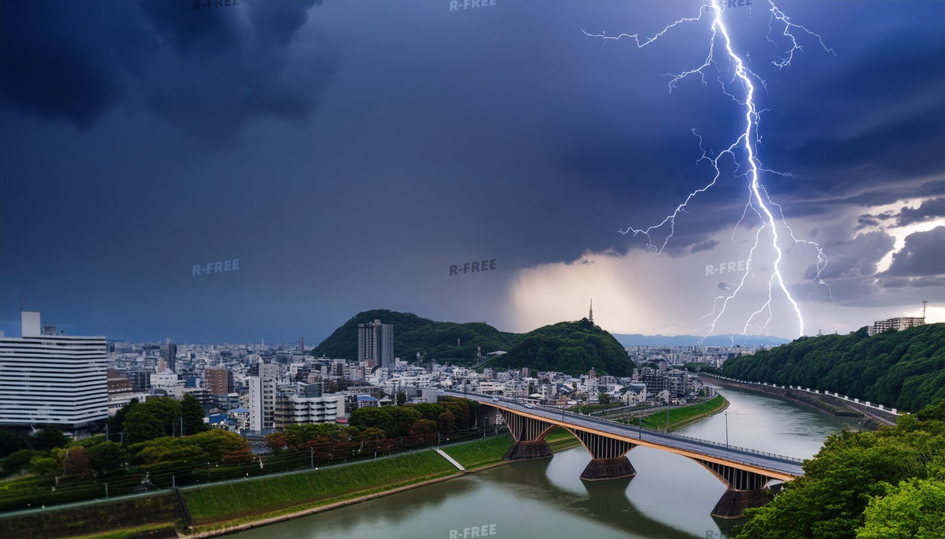 深夜の都市の川と橋に激しく落ちる雷