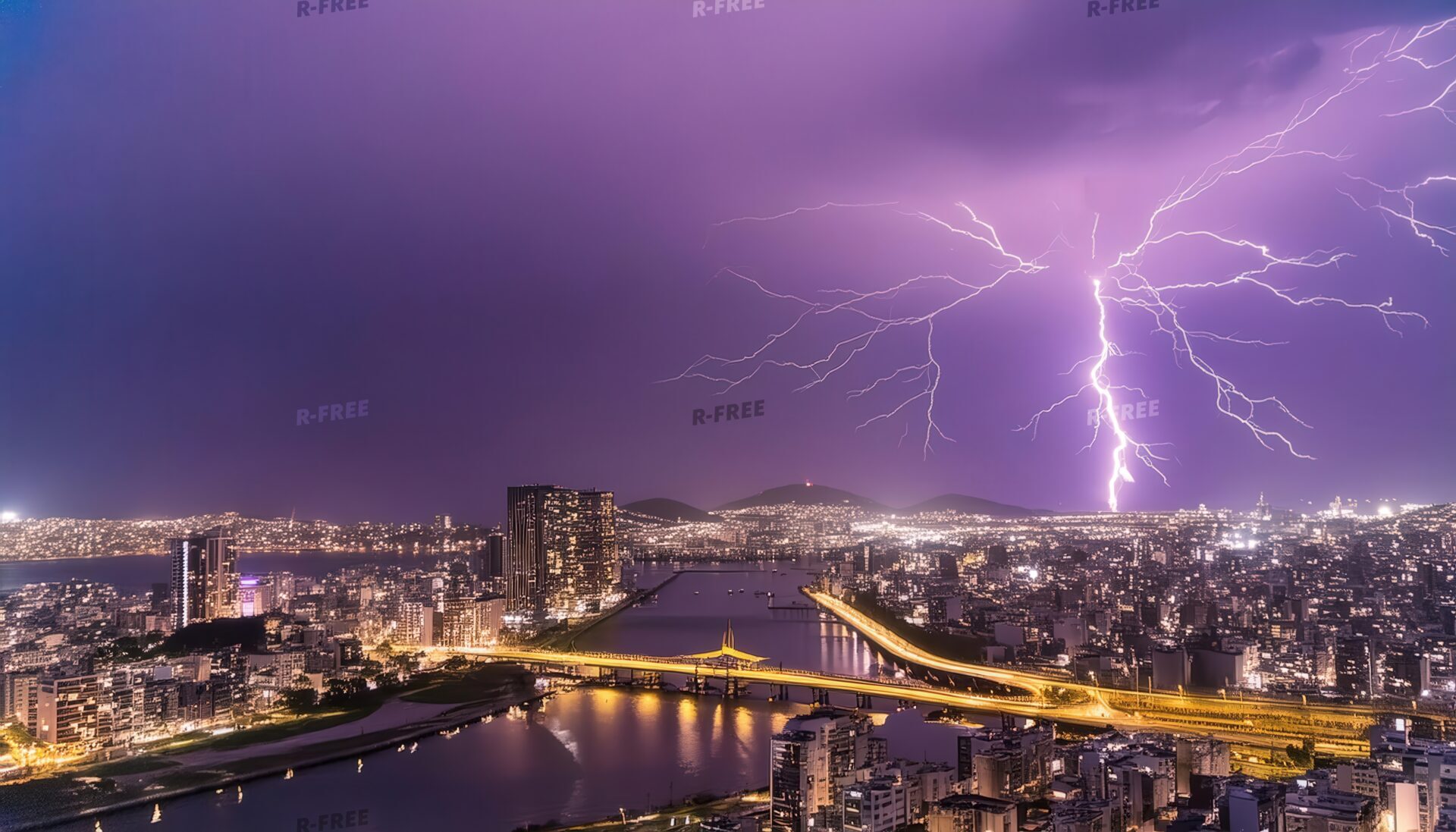 紫の雲に走る稲妻と橋が浮かぶ川沿いの都市夜景