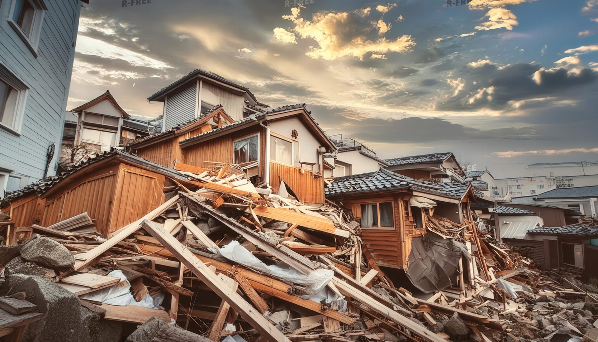 地震で倒壊した木造住宅と夕焼け空