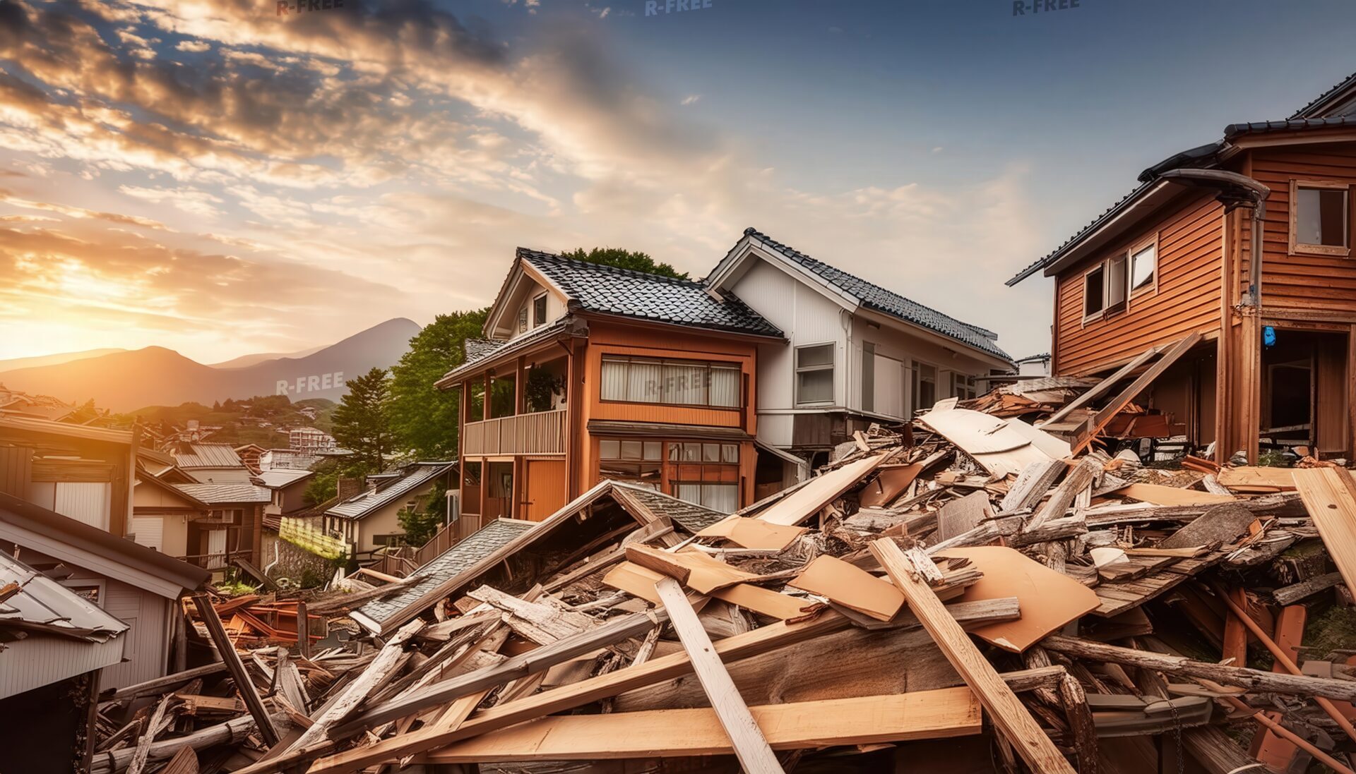 山の見える住宅地の地震被害と朝焼け