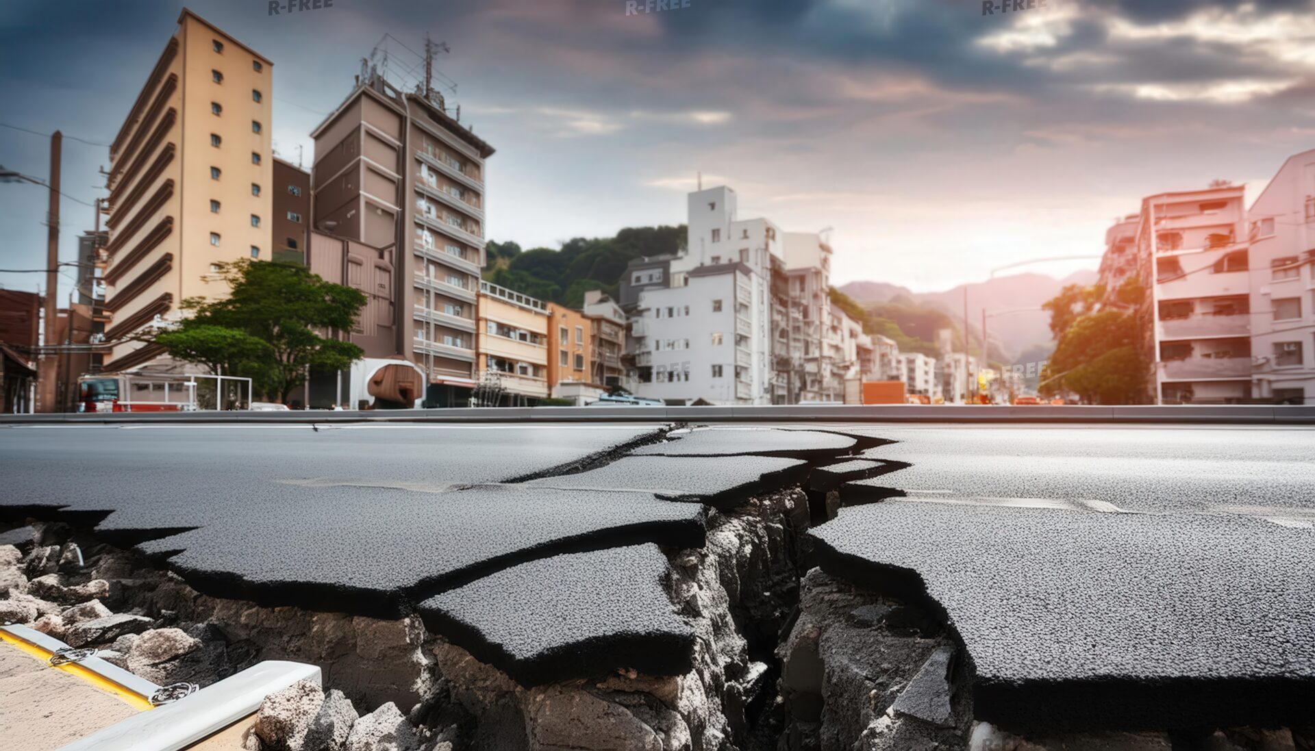 都市部の地震による道路亀裂と建物