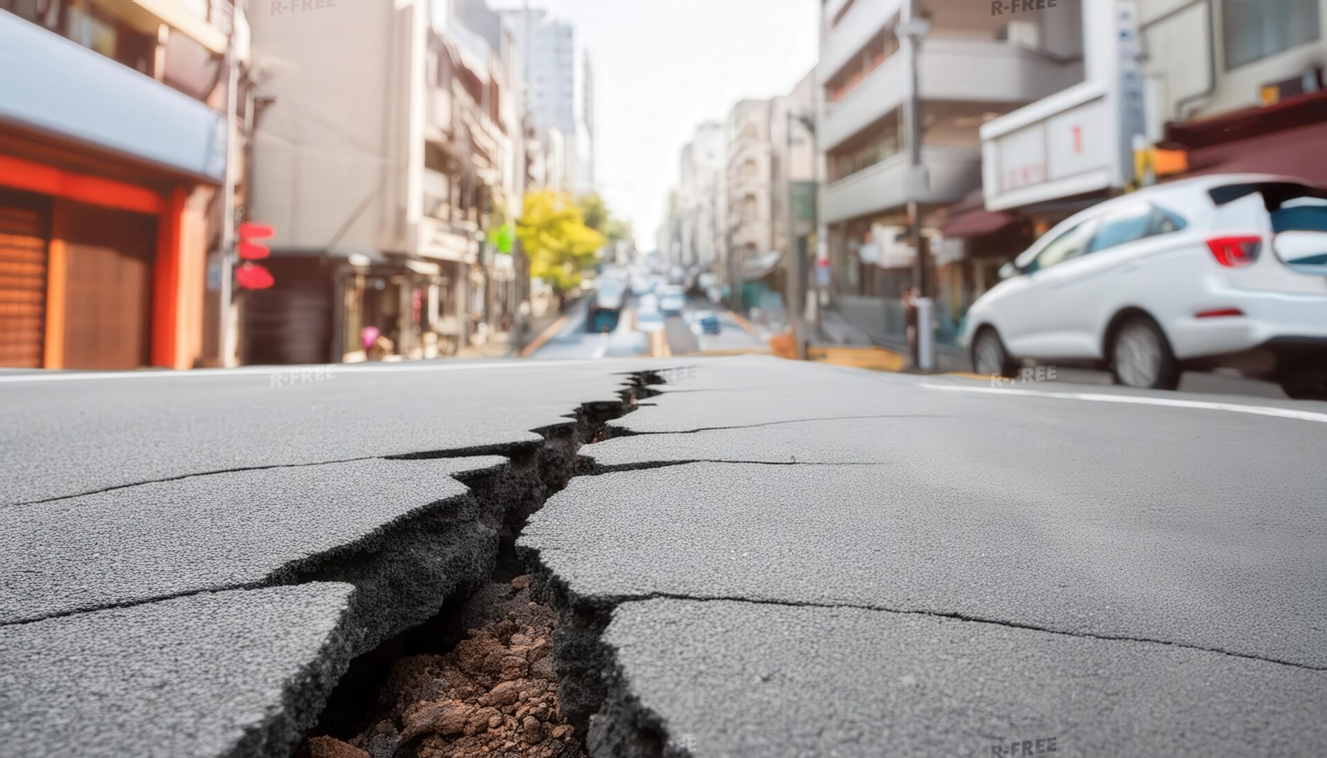 市街地の地震による道路亀裂