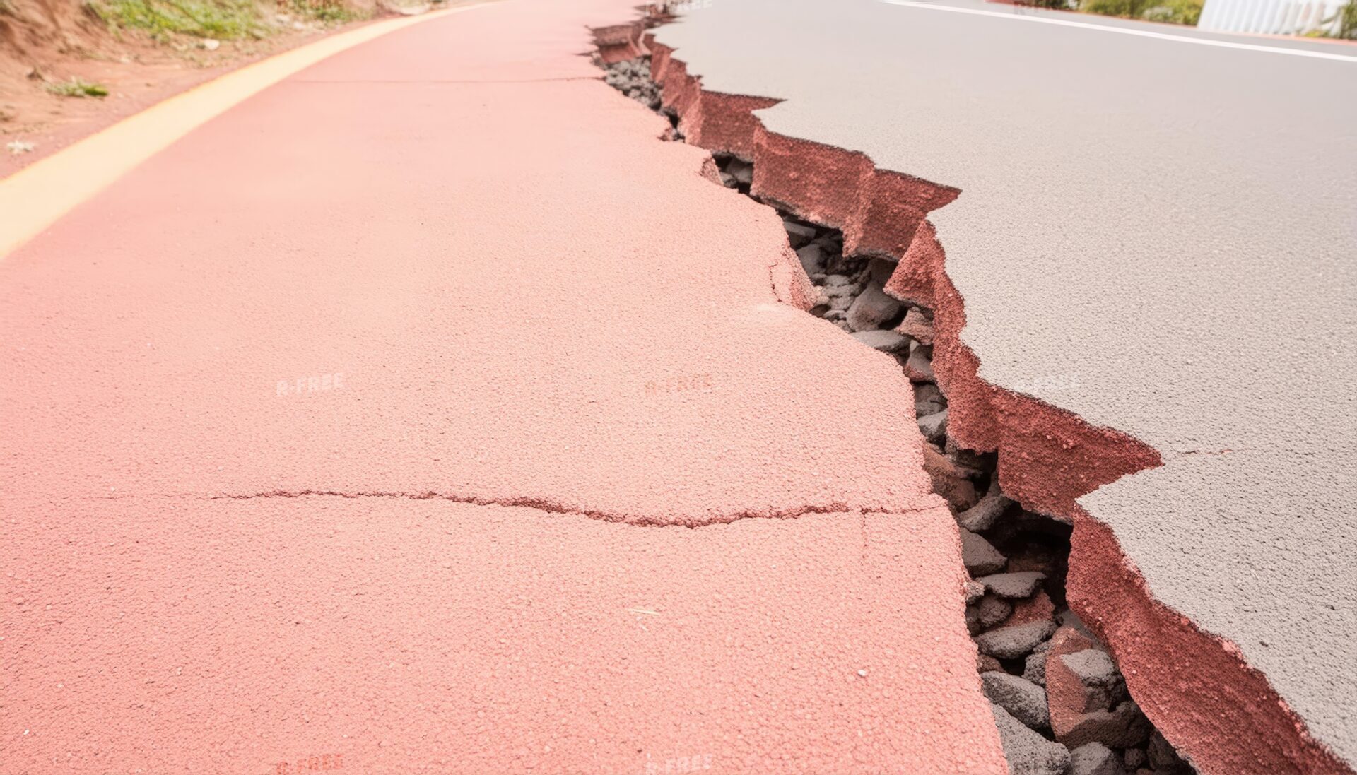 地震で亀裂が入ったピンク色の舗装道路