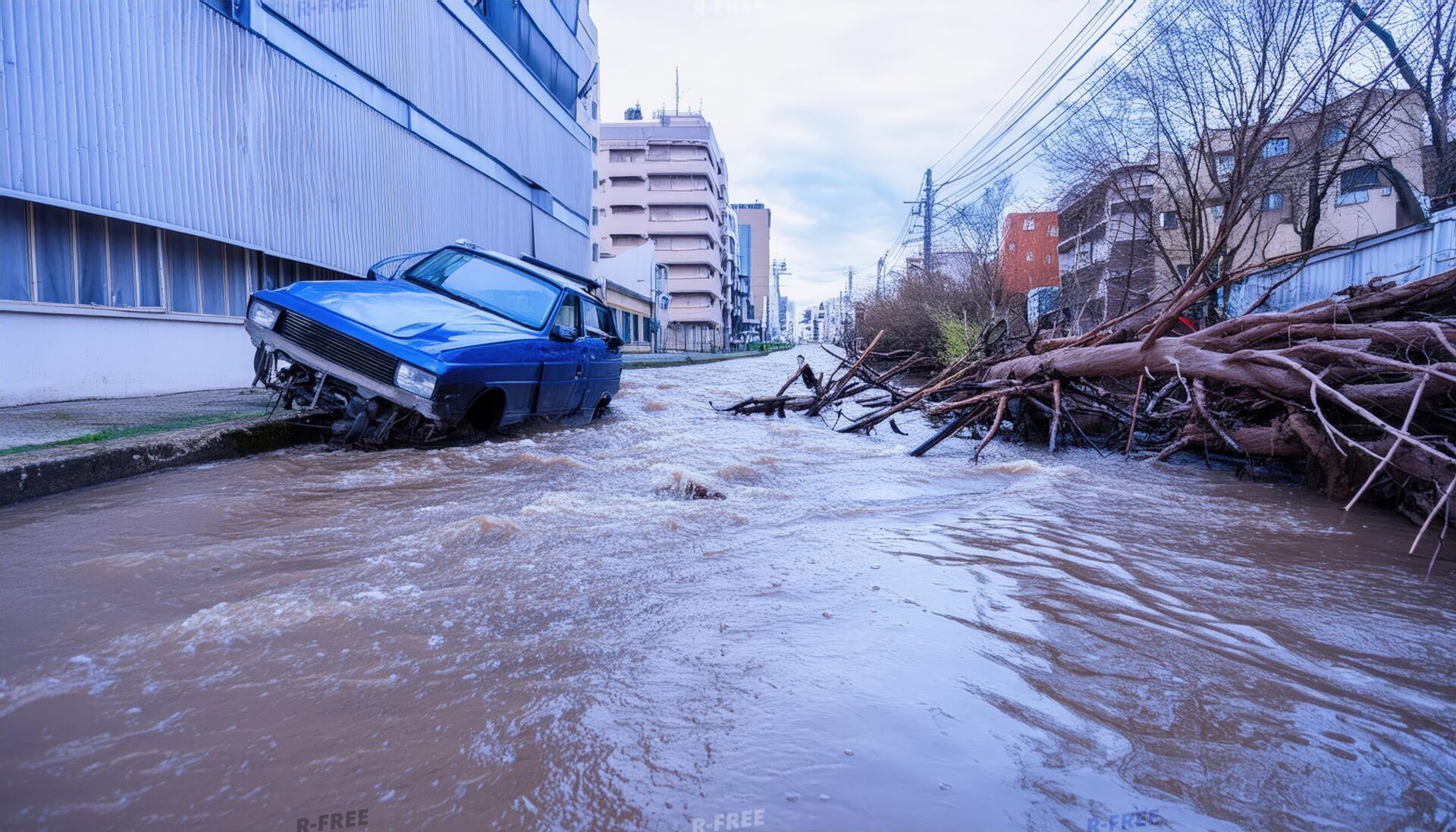 洪水による道路の浸水と流された青い車