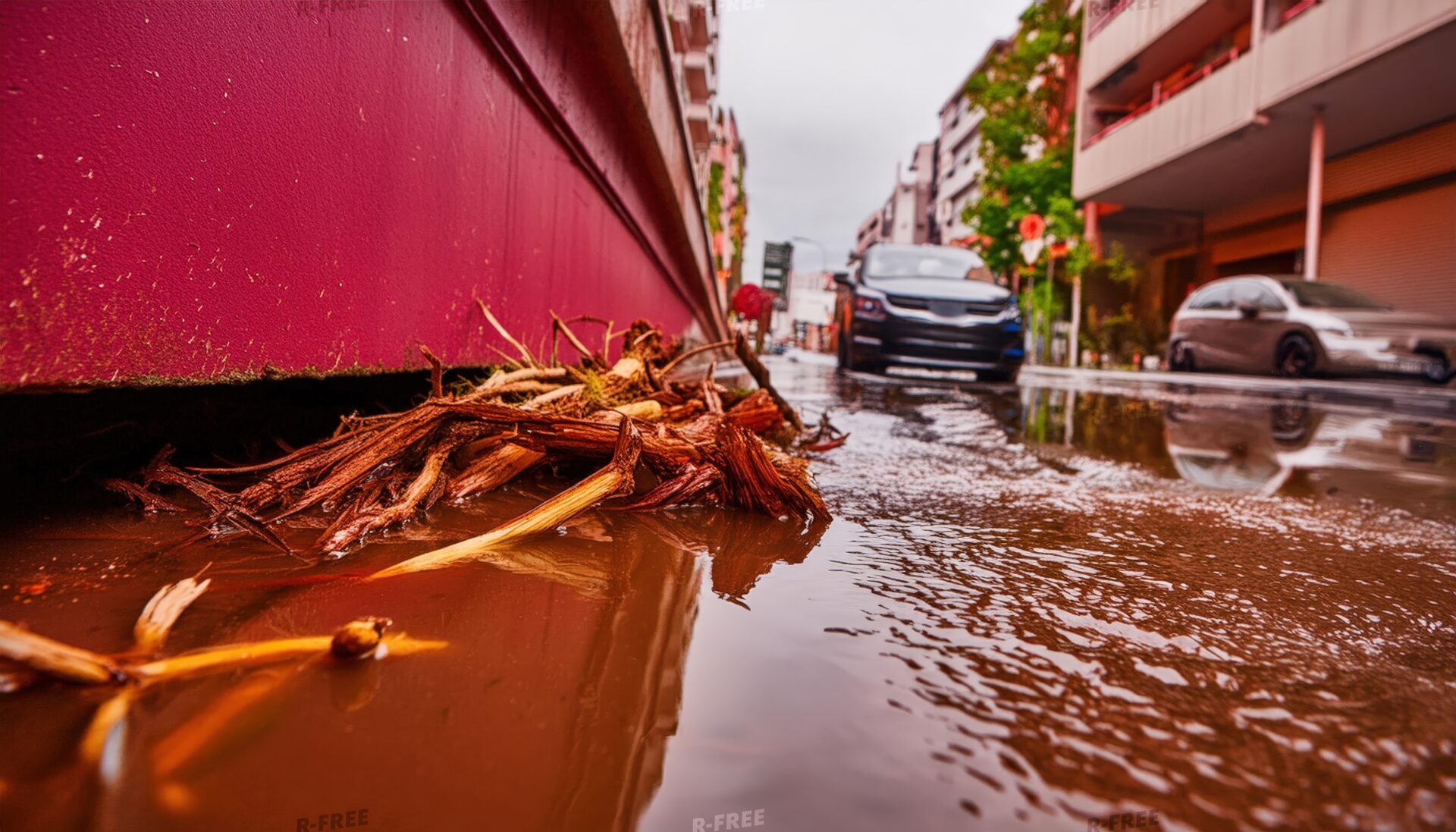 市街地の浸水と泥水に覆われた道路