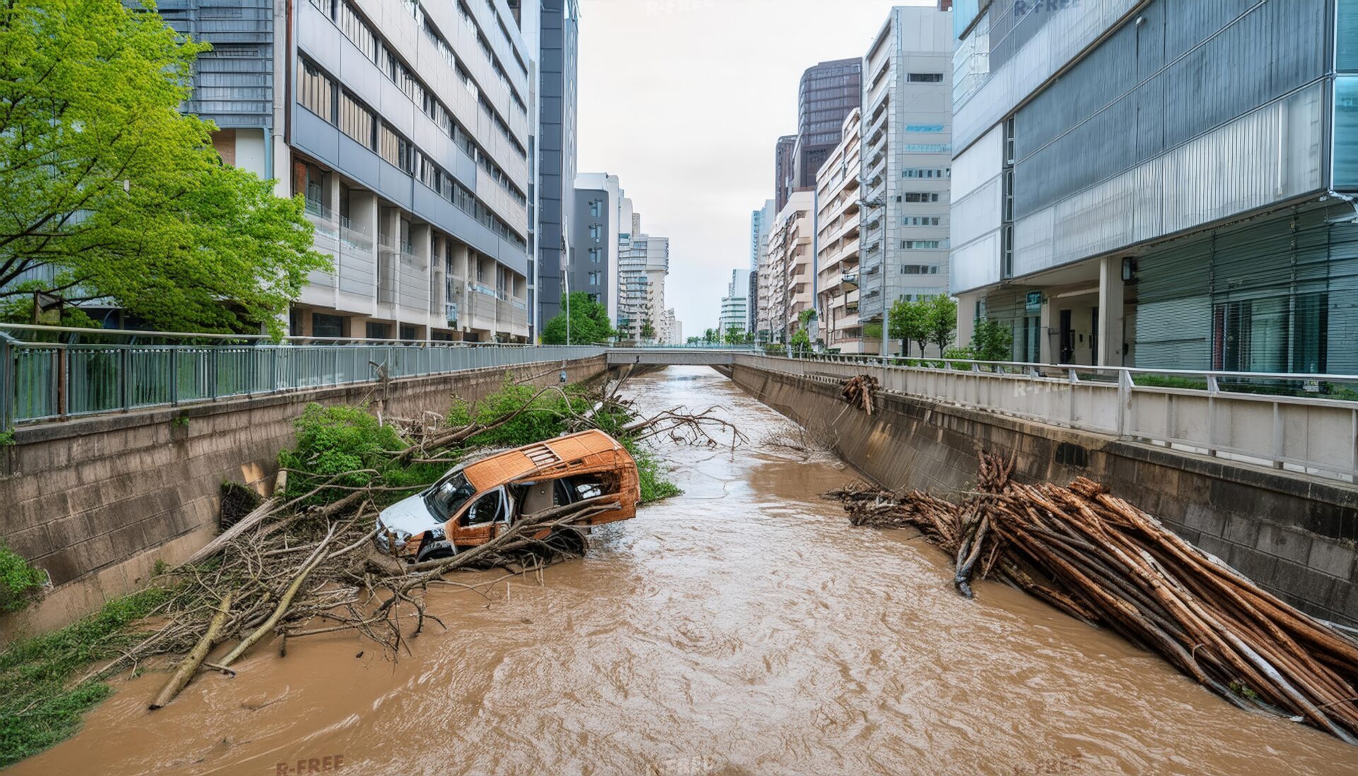洪水で被害を受けた都市の川