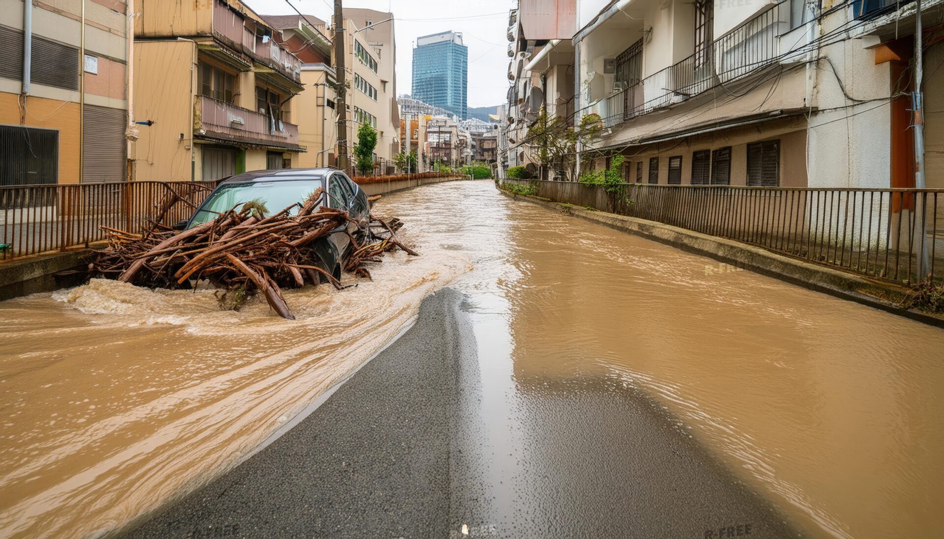 浸水した道路と流木が絡む車