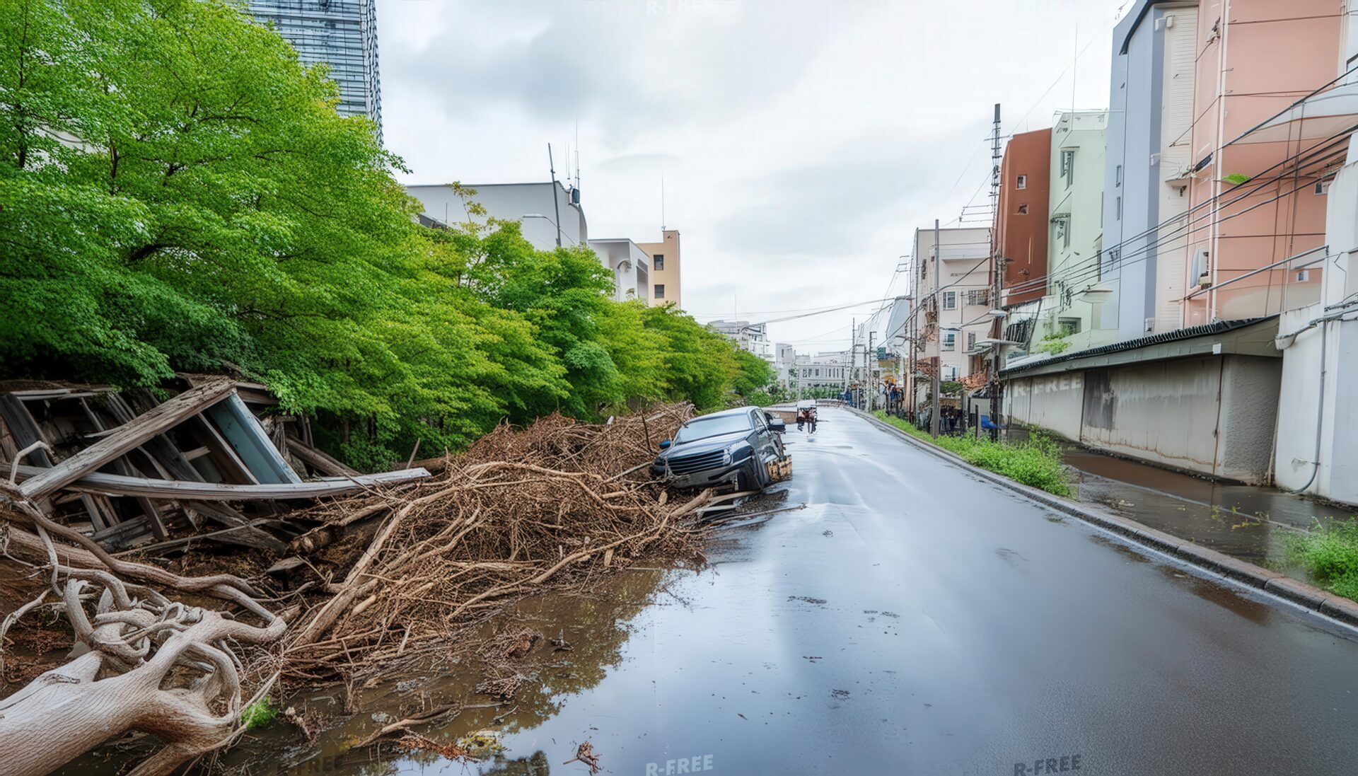 洪水後の道路と倒木