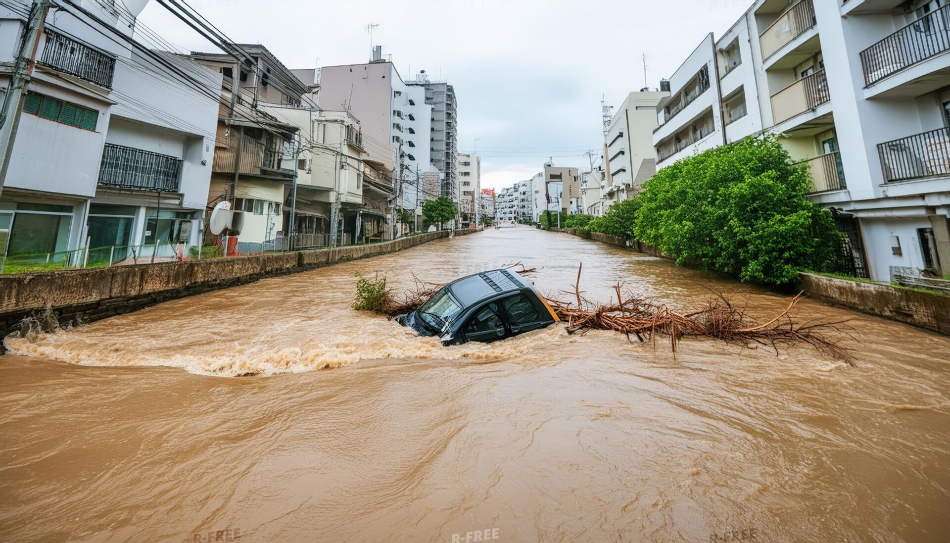 増水した川に沈む車