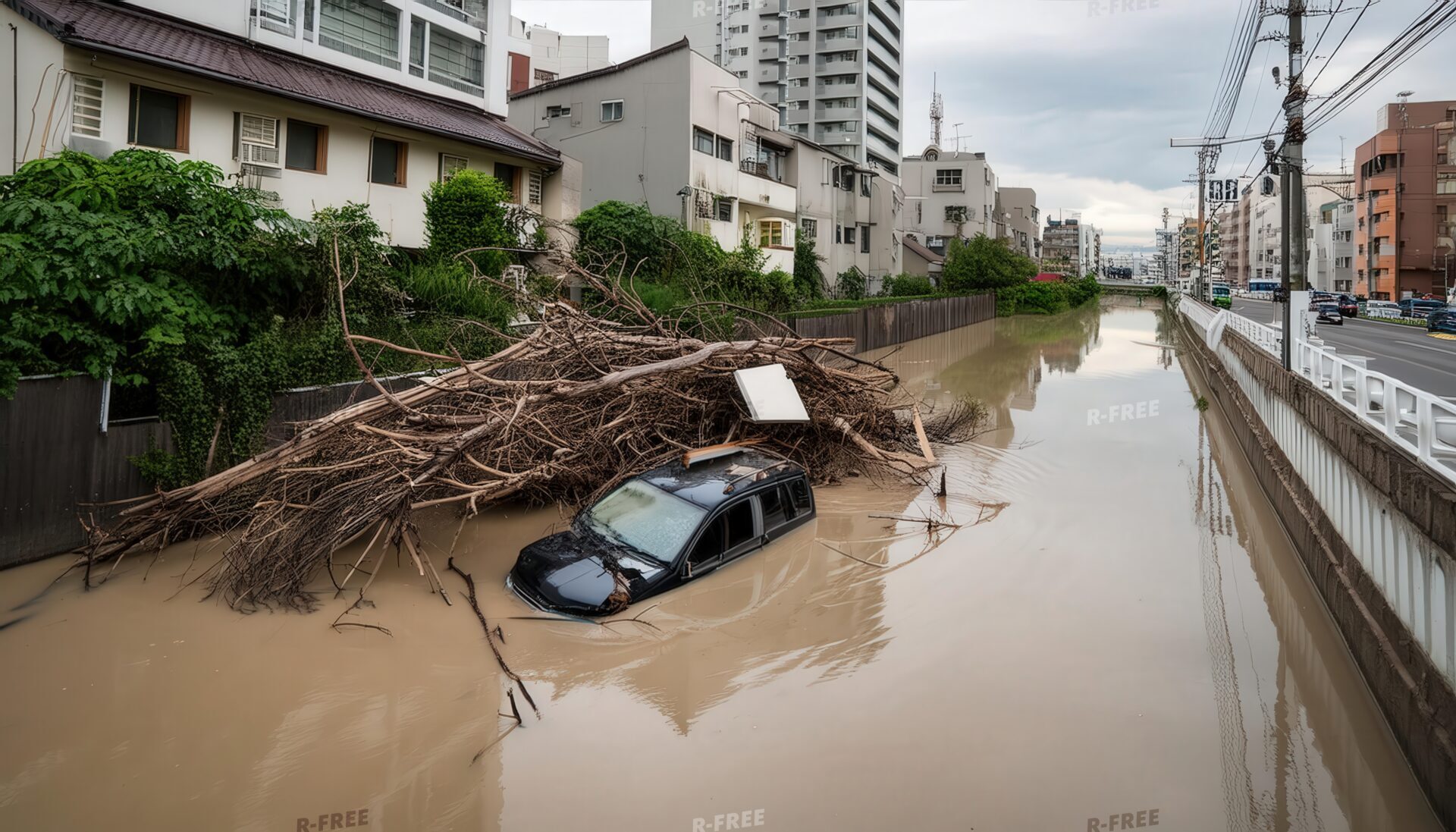 水没した車と流木
