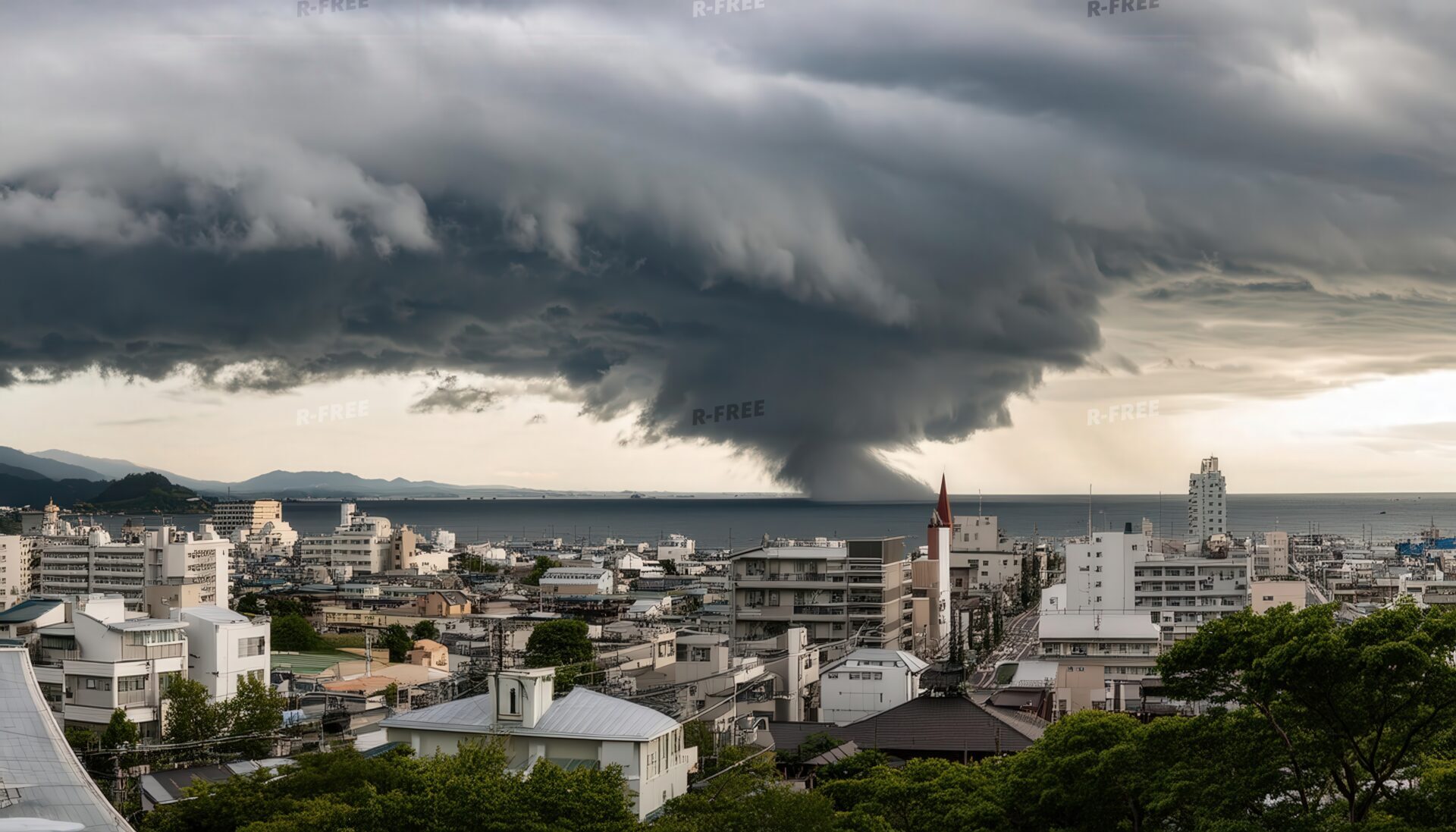 海上の竜巻と都市