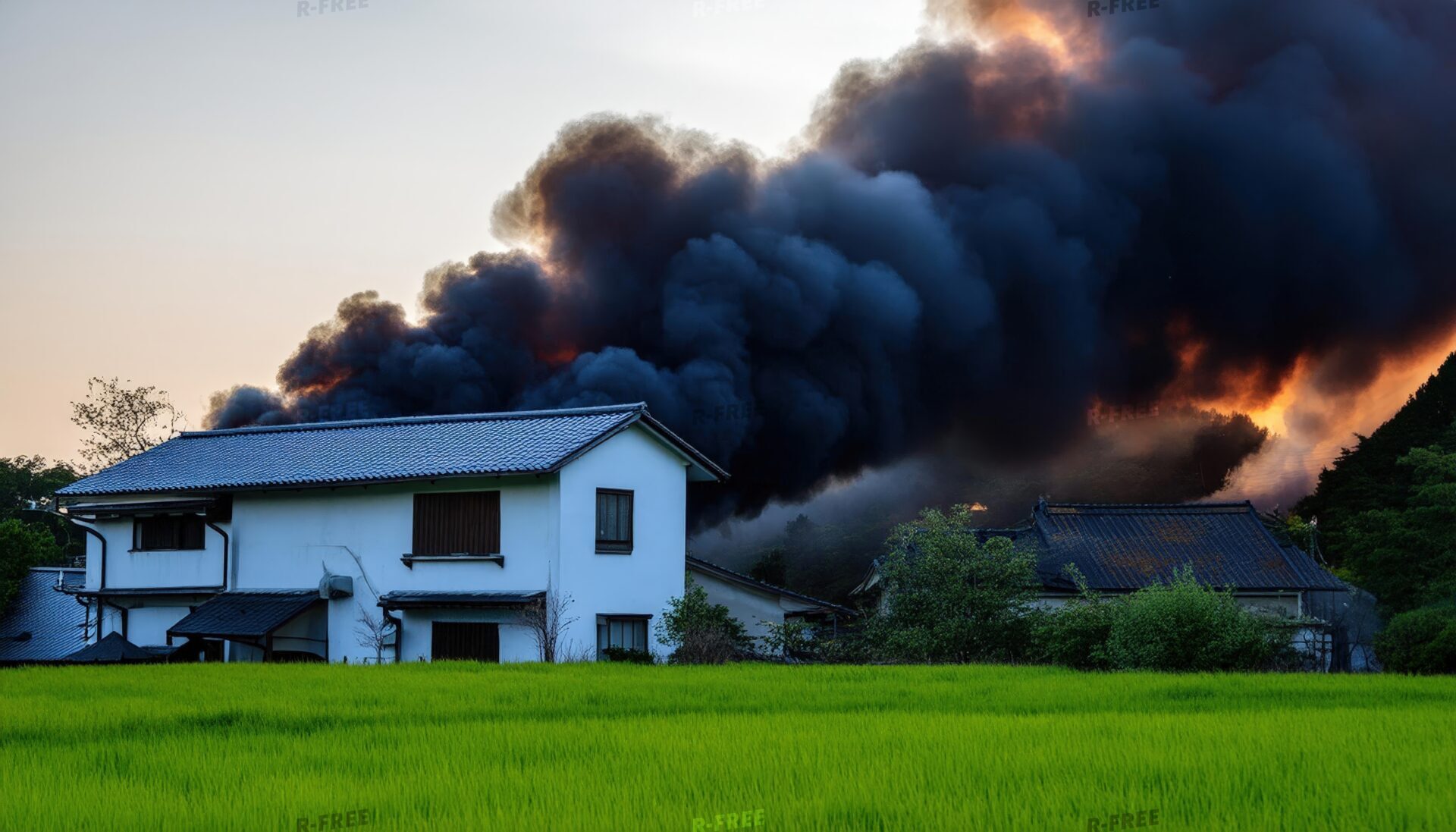 夕暮れの山間部で黒煙と炎が立ち上る住宅火災
