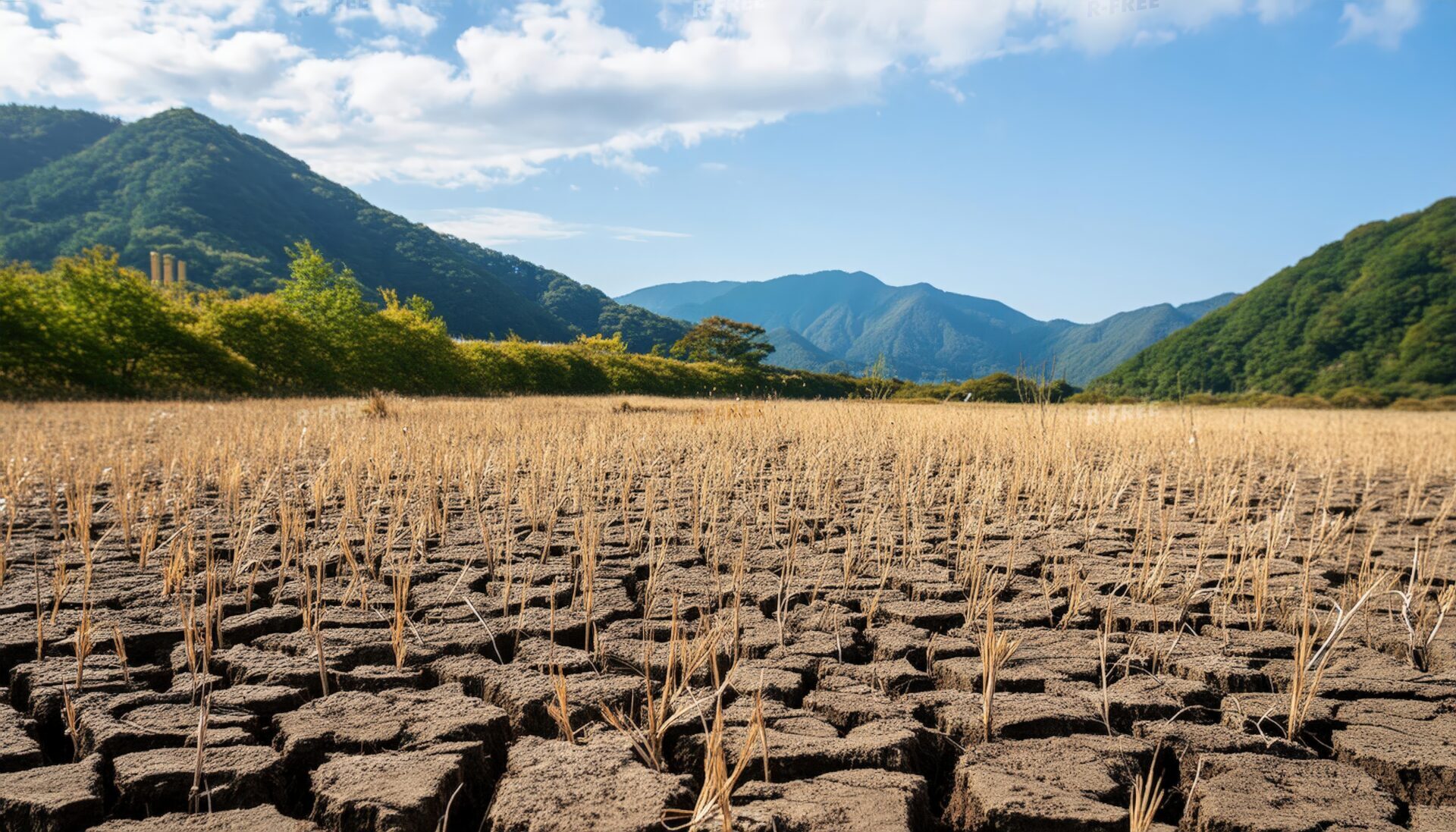 枯れ草と緑豊かな山々が広がる昼間の乾いた砂漠の地表
