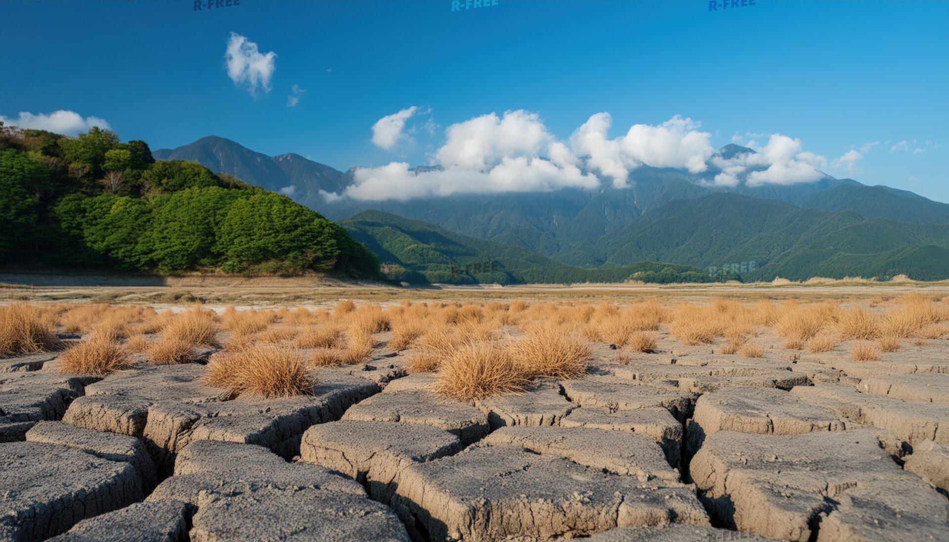 灰色のひび割れと枯れ草が広がる乾いた砂漠の地表