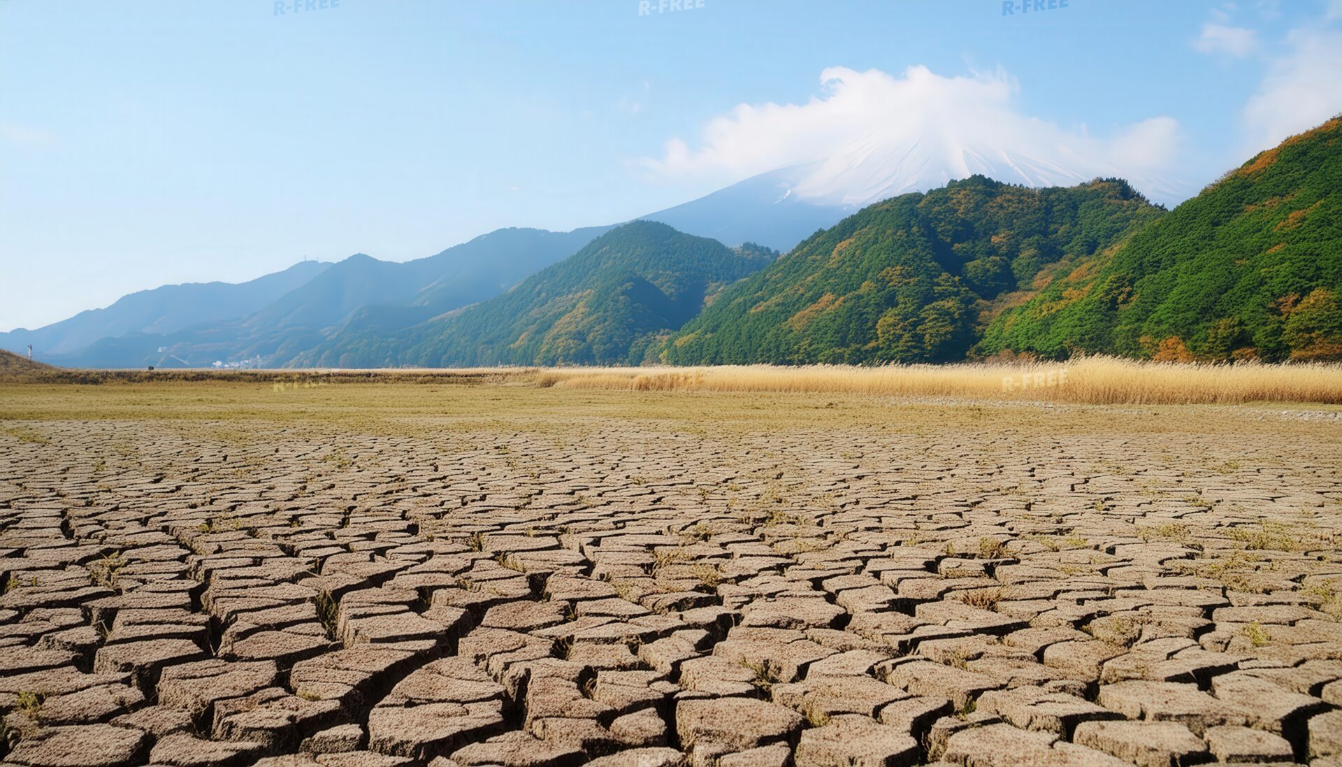 湖沼跡と草地と山々を望む乾いた砂漠の地表