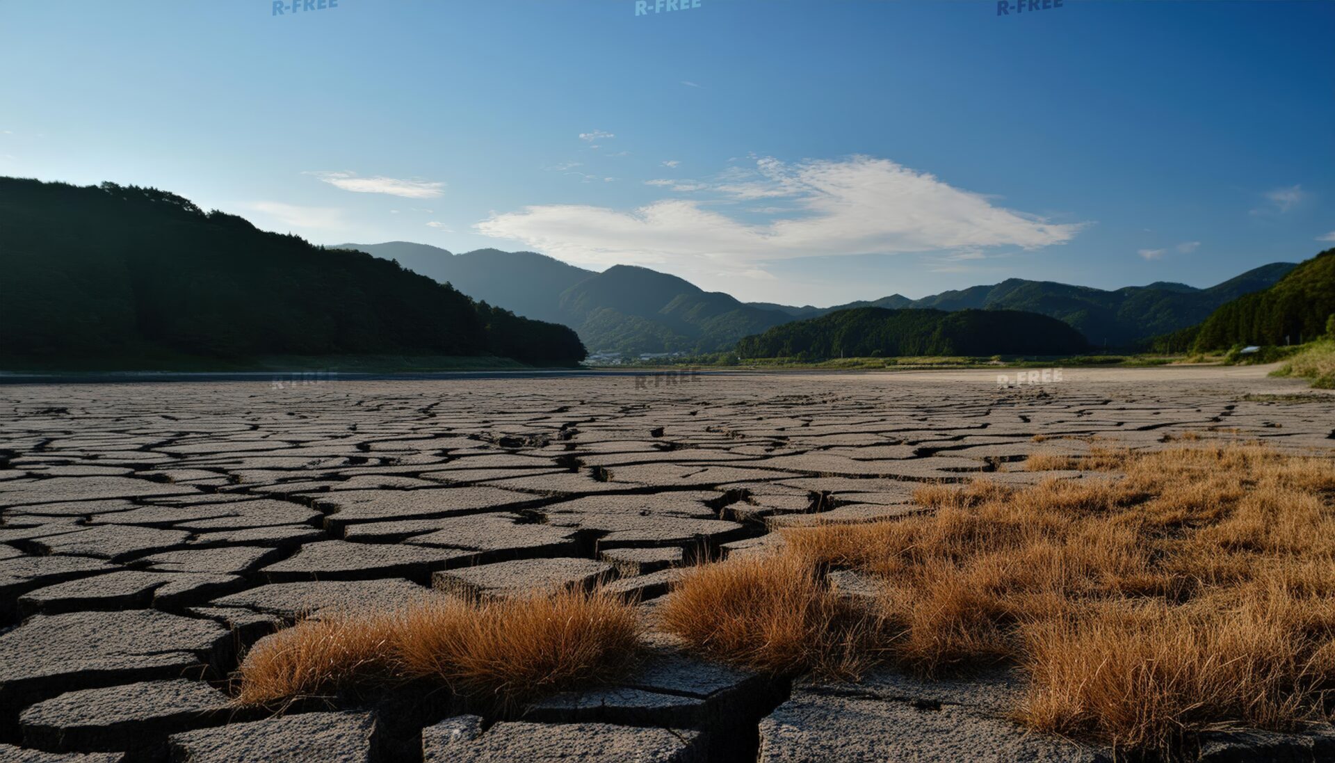 枯れた草地と山並みを望む夕方の乾いた砂漠の地表