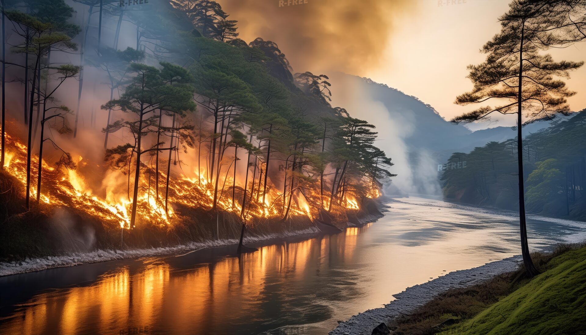 山火事による森林火災と煙