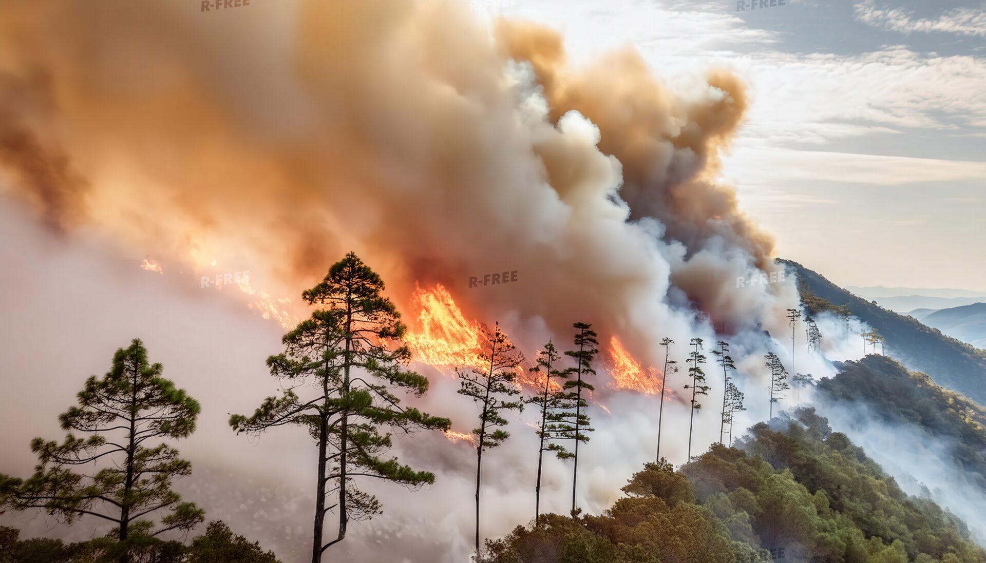 激しい山火事と煙が立ち上る山林