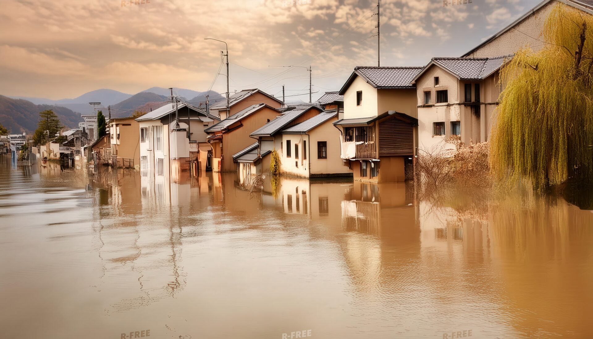 洪水で冠水した日本家屋