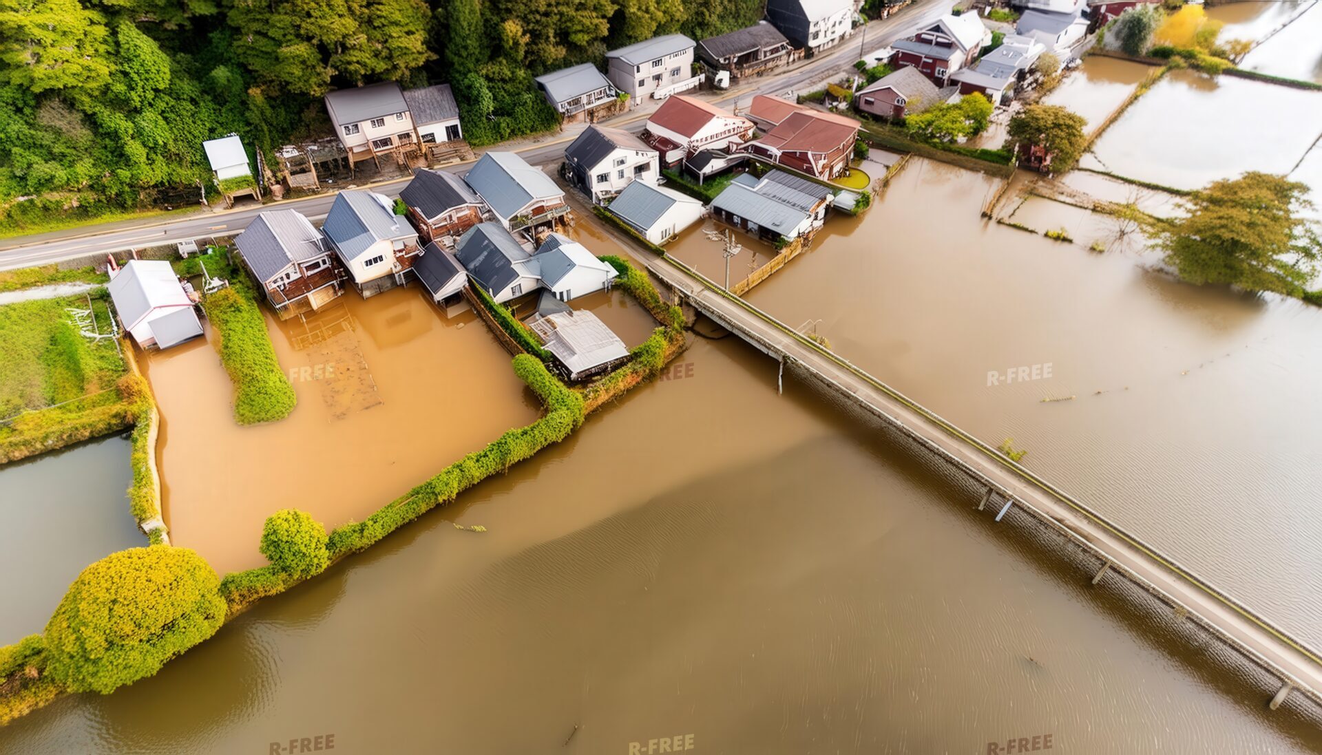 冠水した農村と住宅