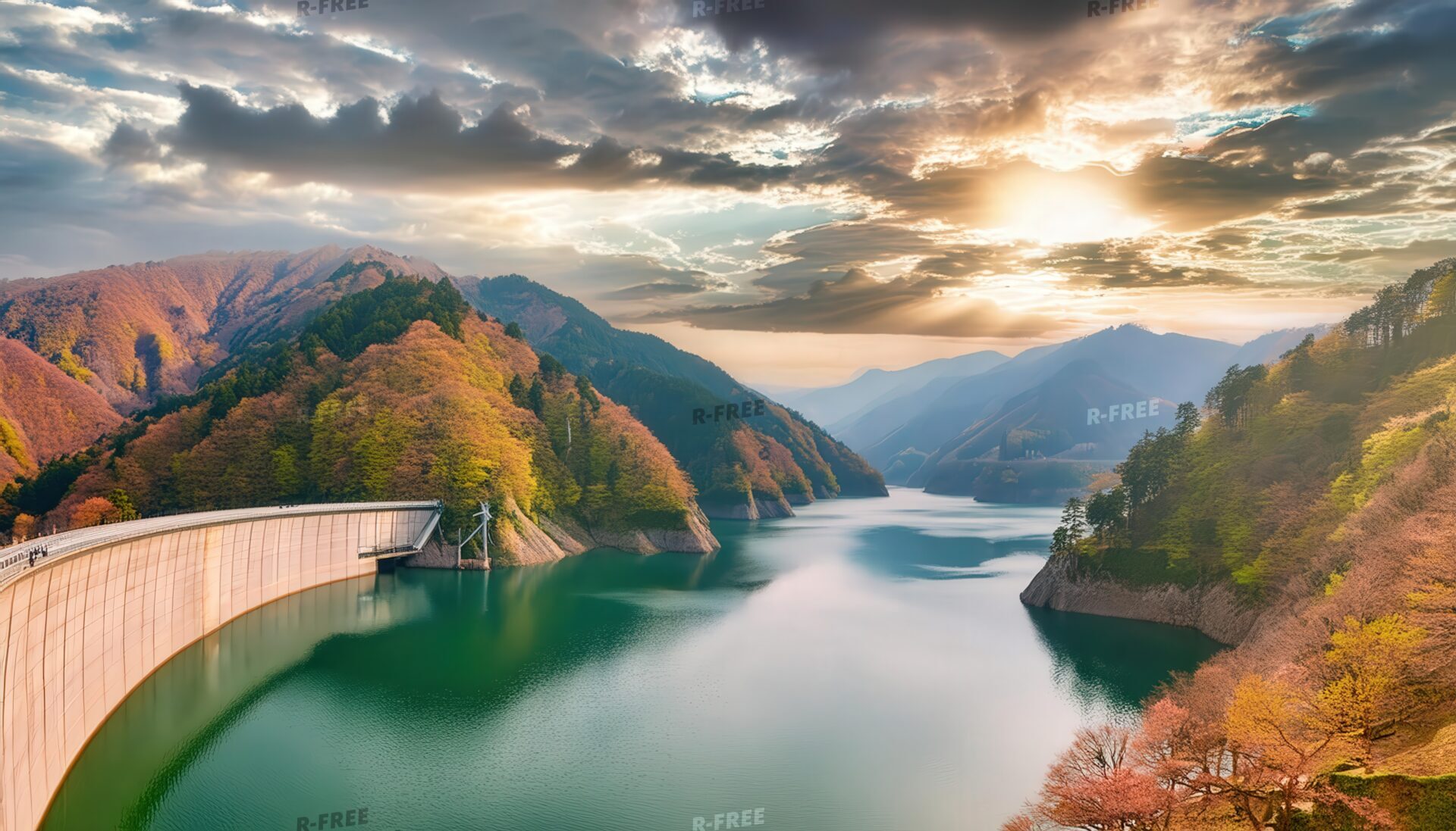 ダム湖と紅葉の山