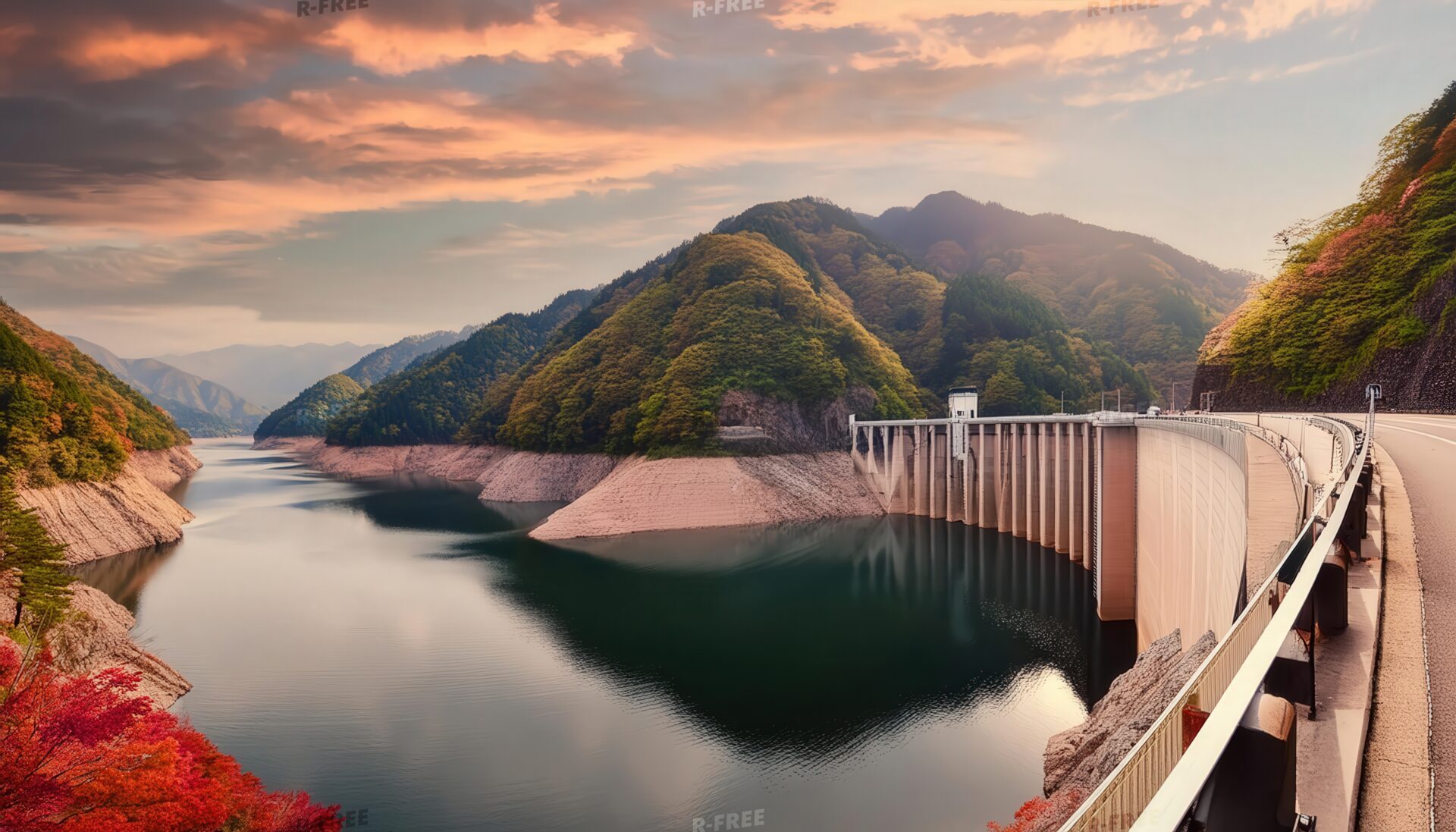 ダムと秋の山々
