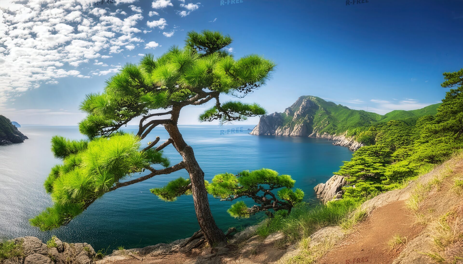松と断崖の海景色