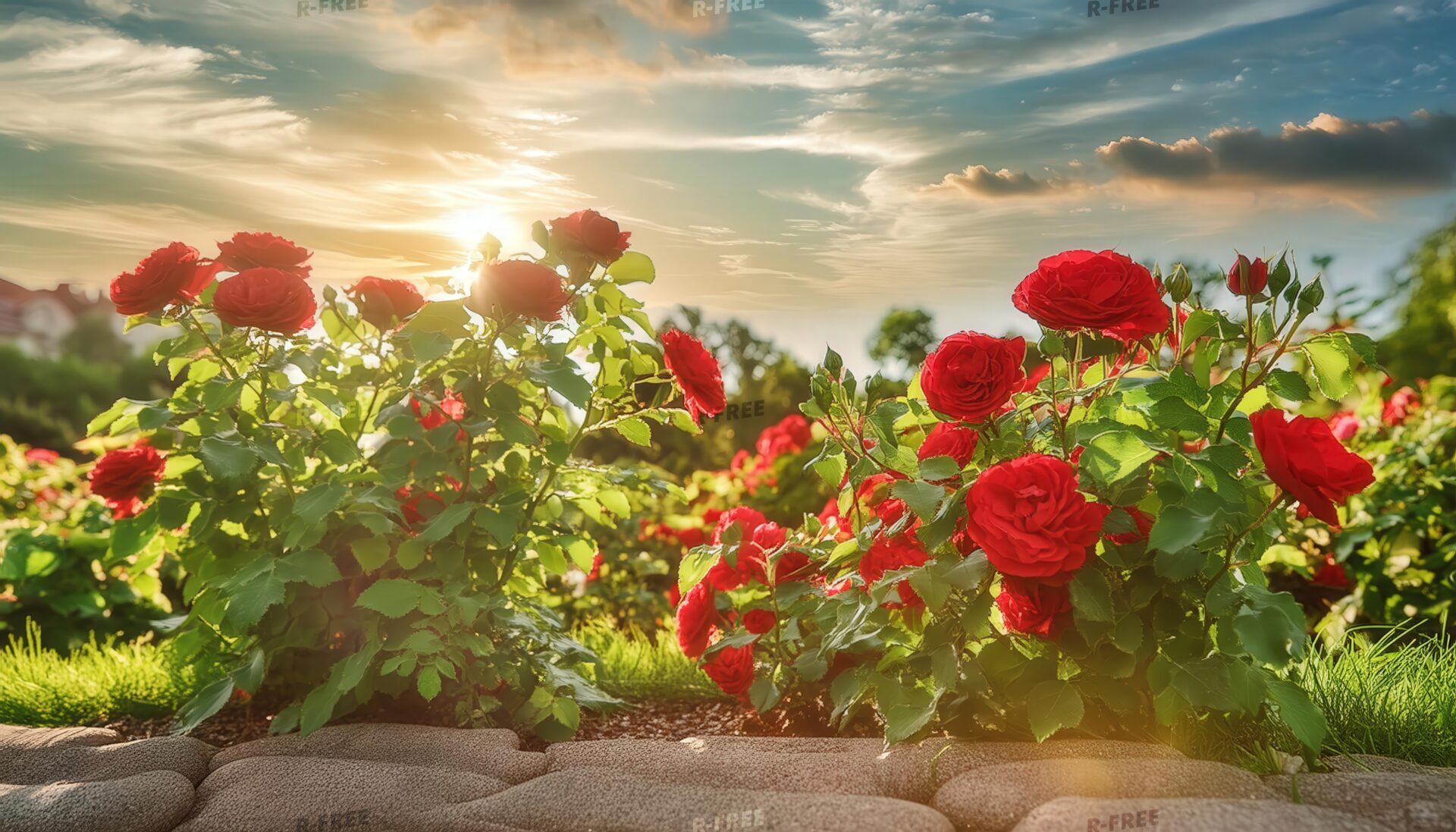夕日に輝く赤いバラの花畑