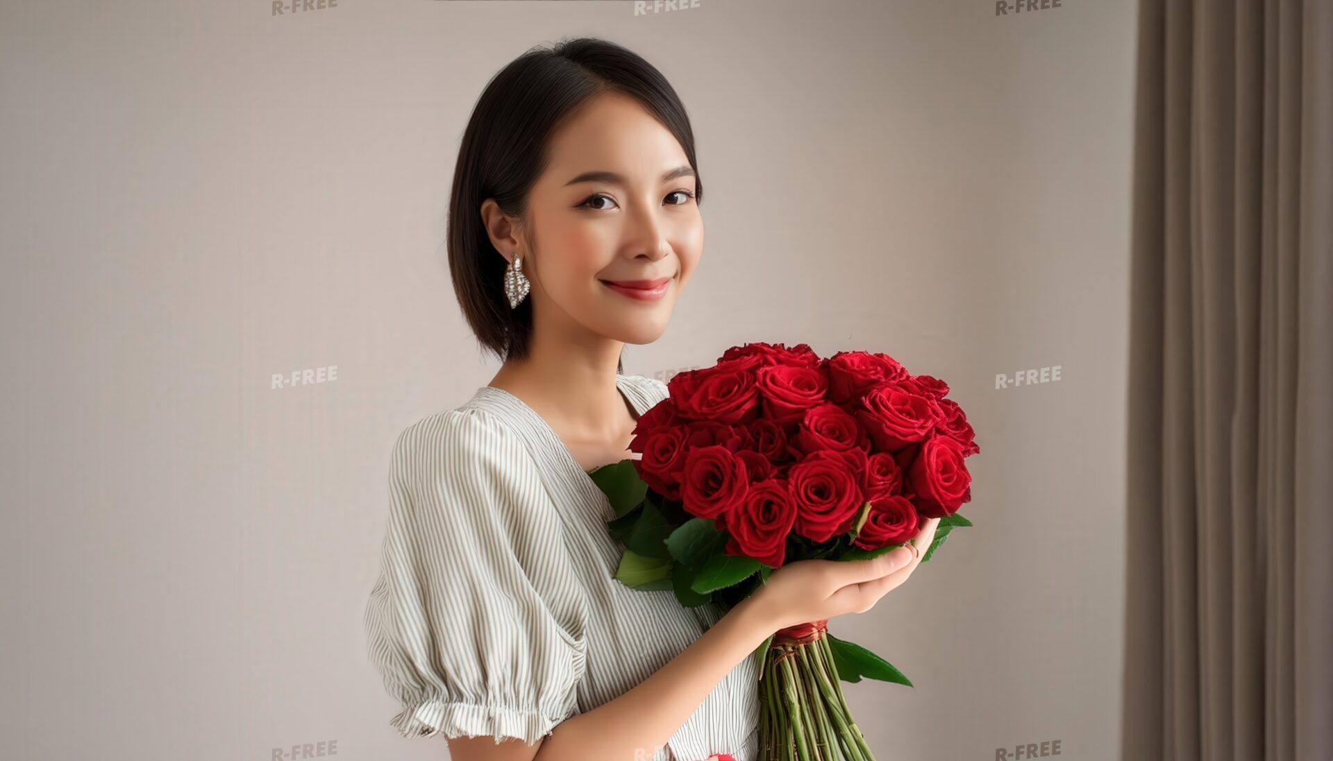 バラの花束を持つ女性（イヤリング）