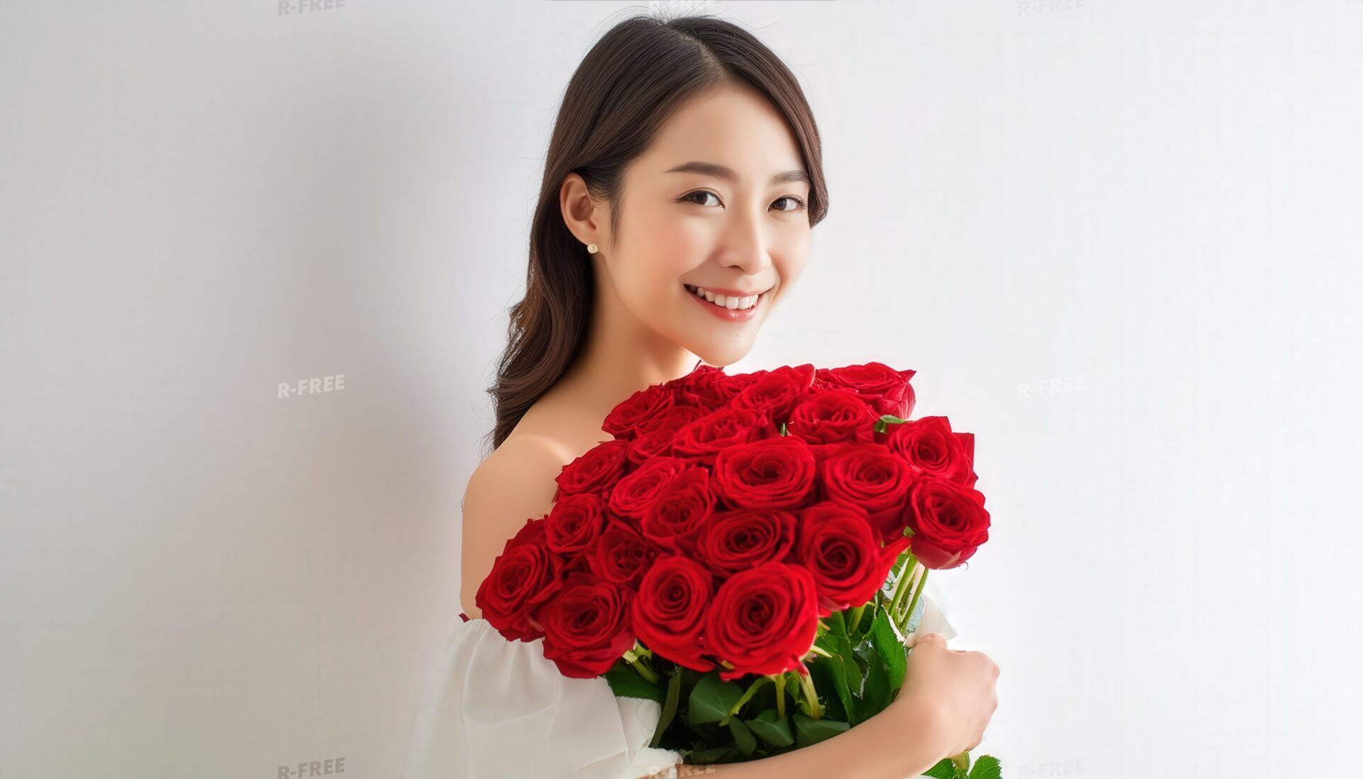 バラの花束を持つ女性（白背景）