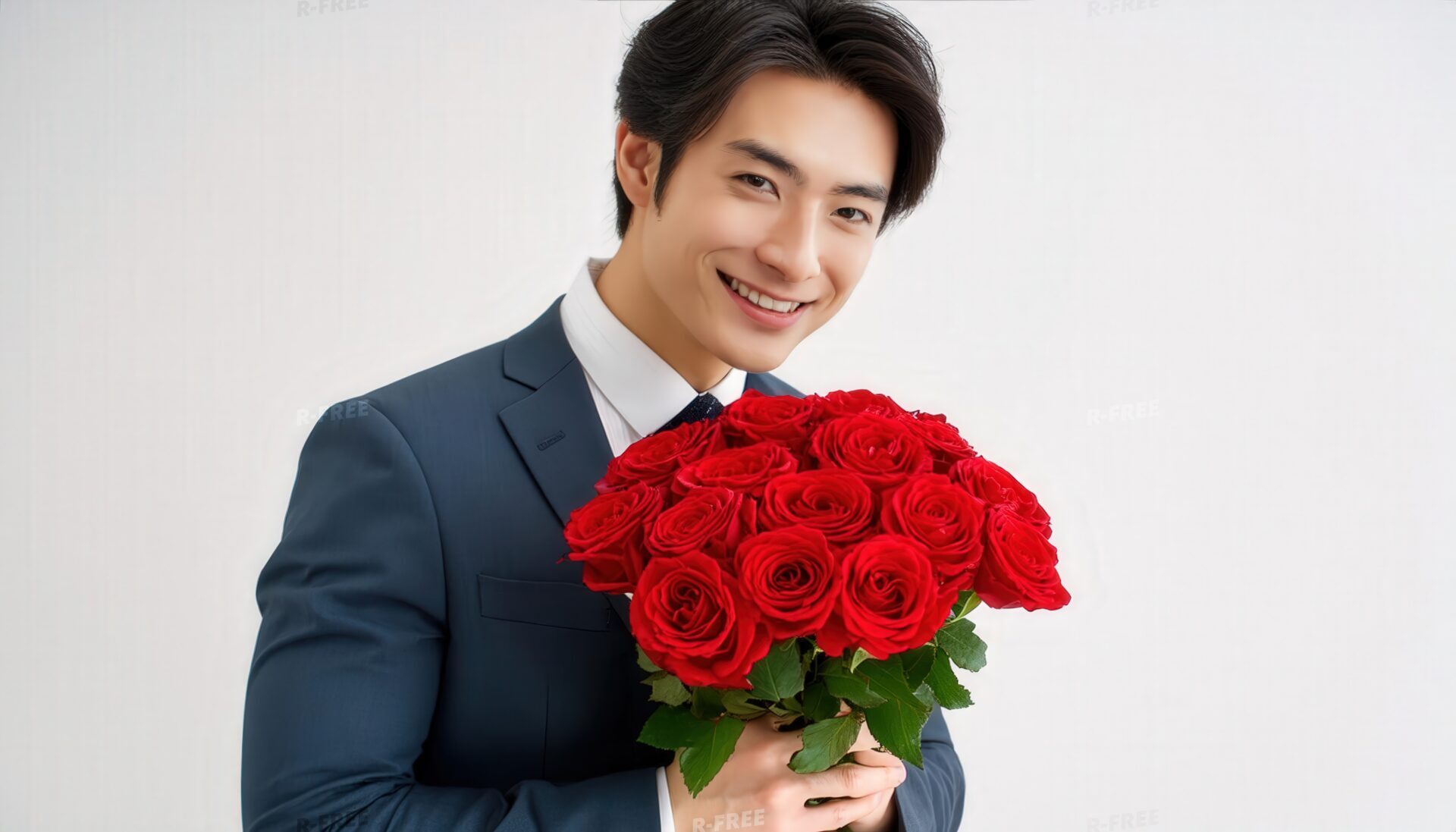 バラの花束を持つ男性（スーツ）