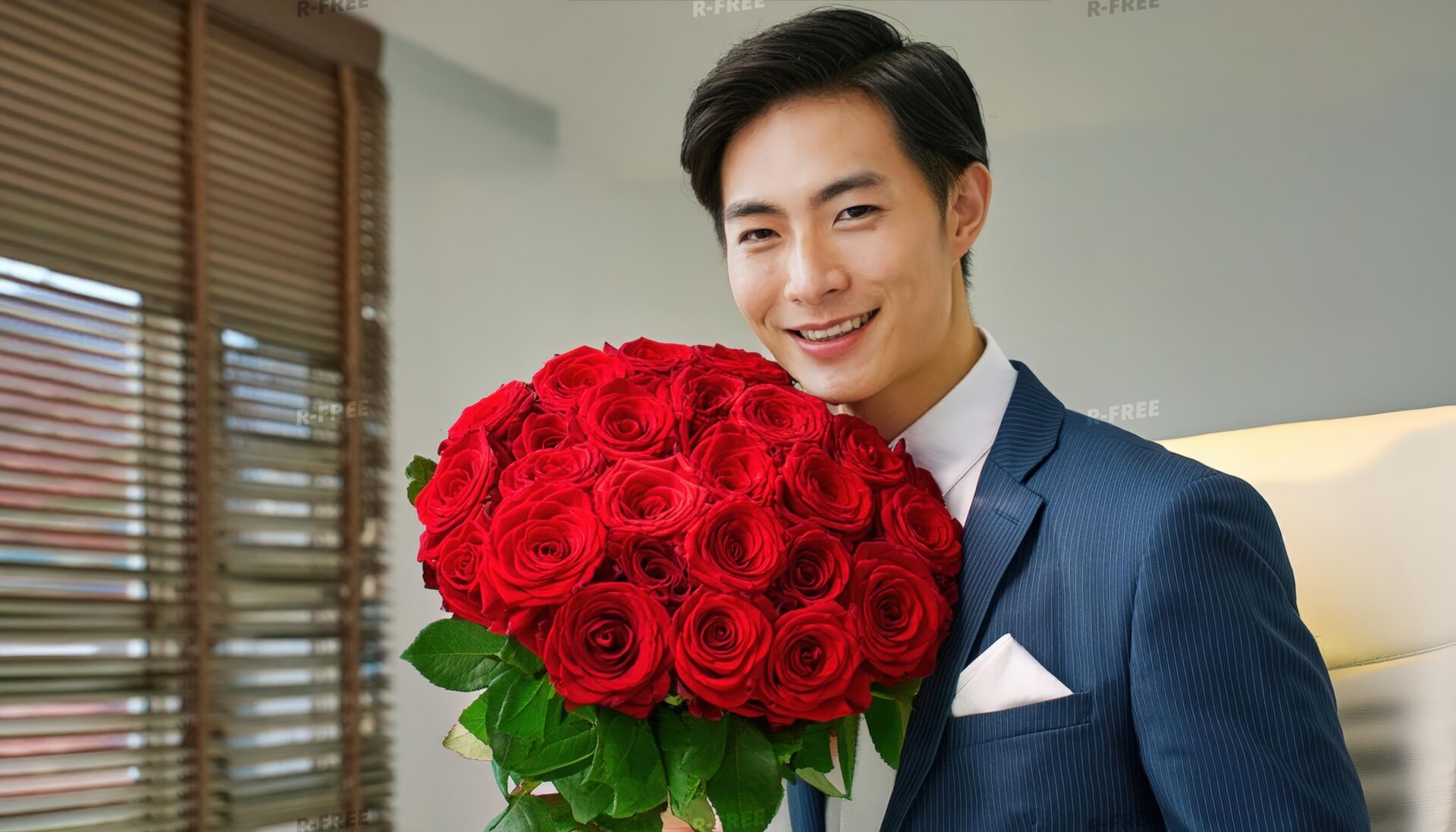 バラの花束を持つ男性（青スーツ）