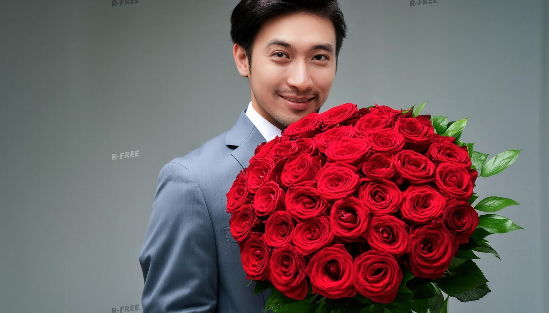 バラの花束を持つ男性（グレー背景）