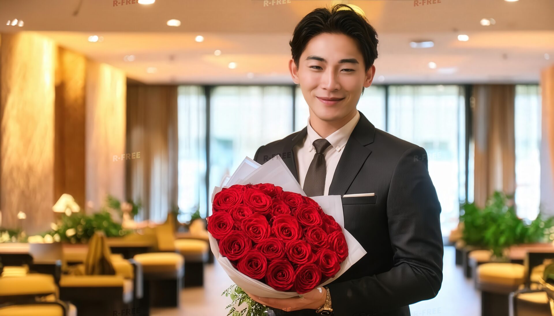 バラの花束を持つ男性（室内シーン）