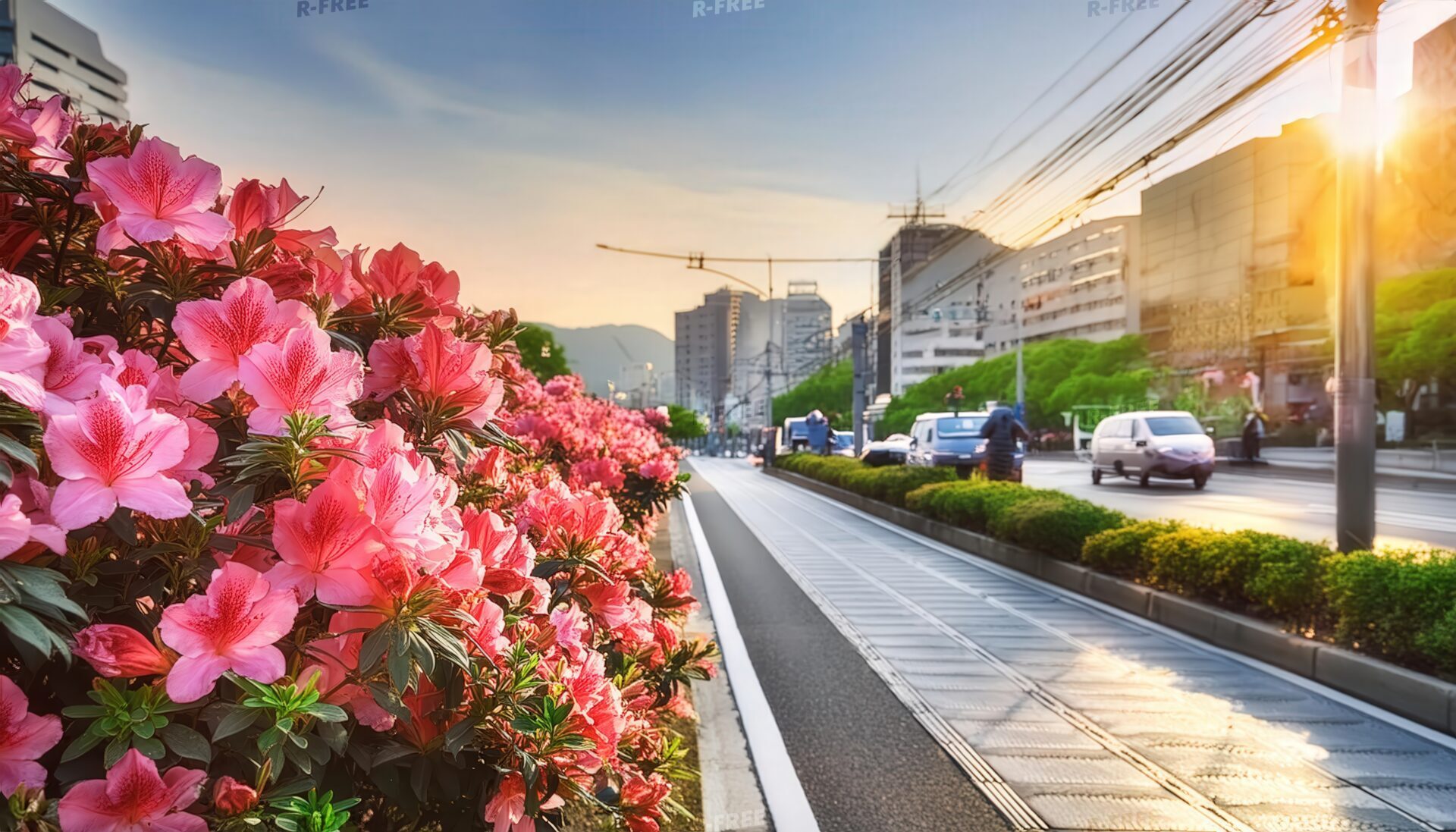 ツツジと都市の夕景
