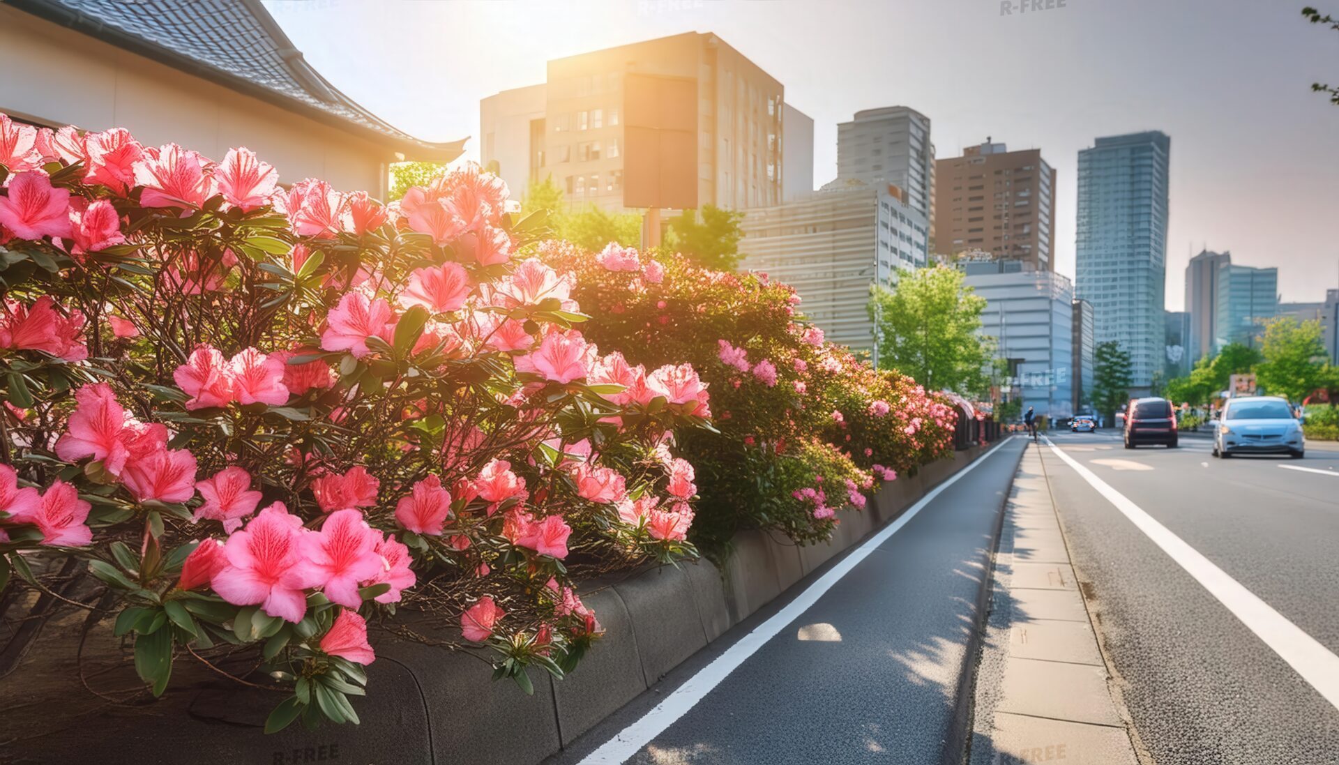 ツツジと都市の春景色