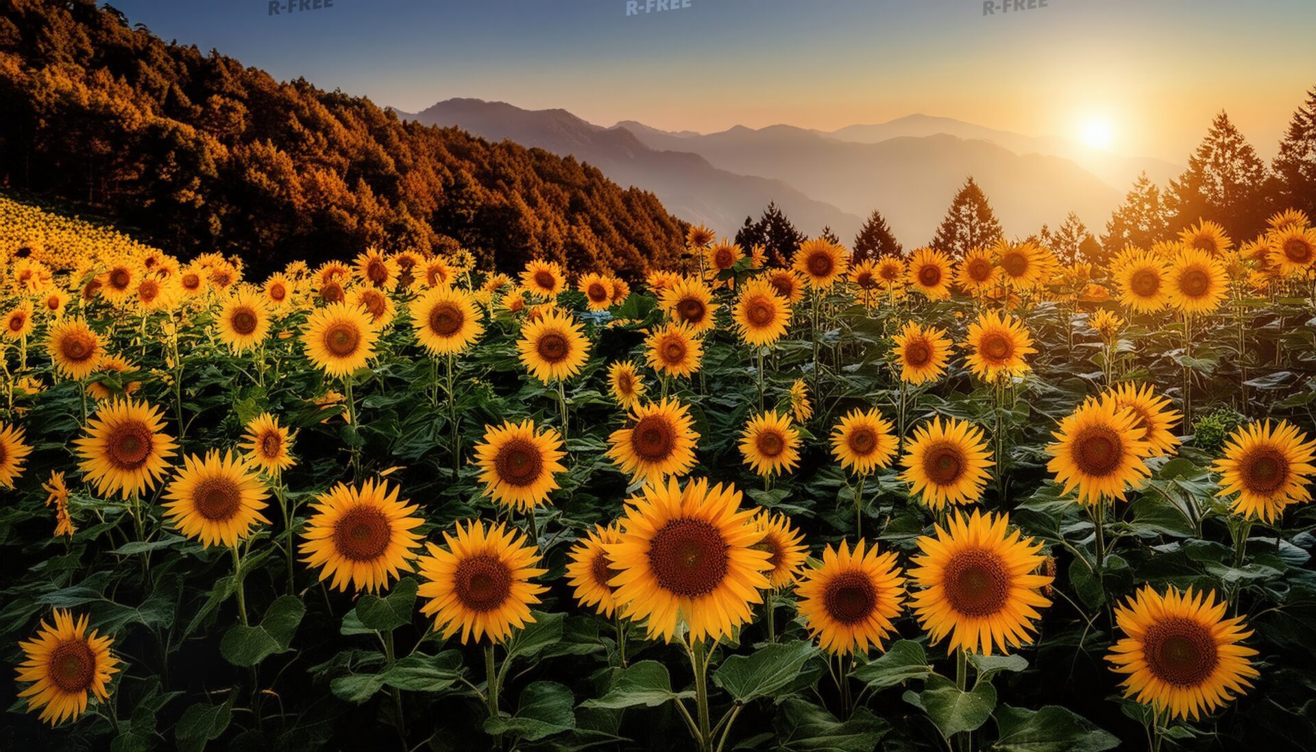ひまわり畑と夕日の山