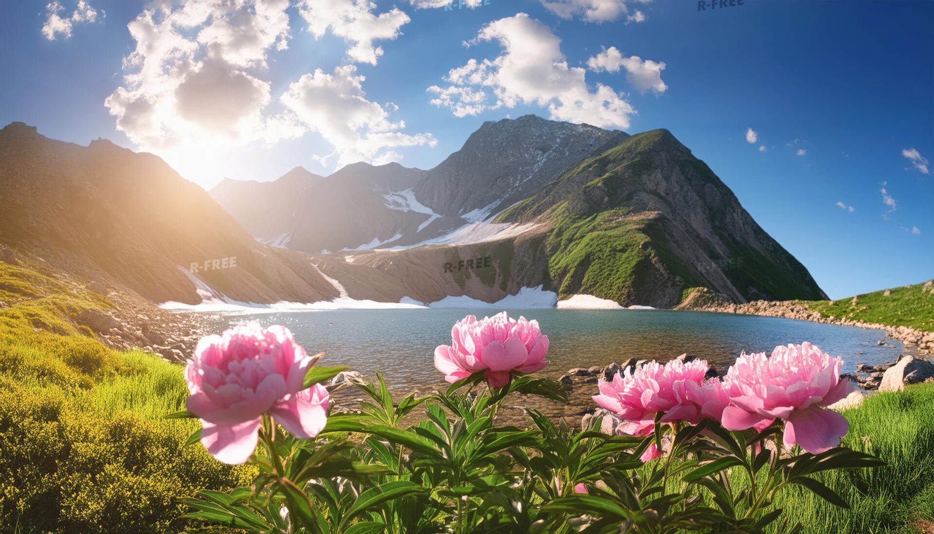 牡丹の花と山と湖