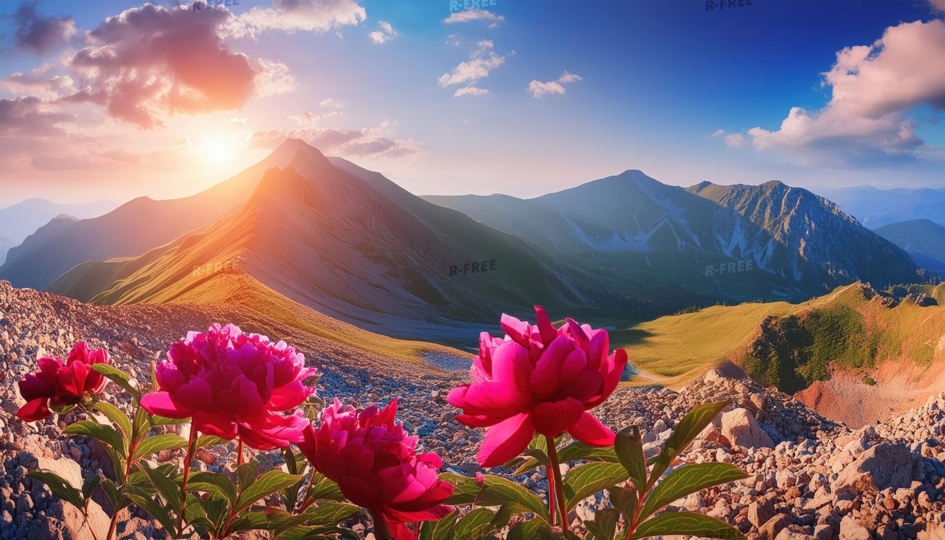 赤い芍薬と山