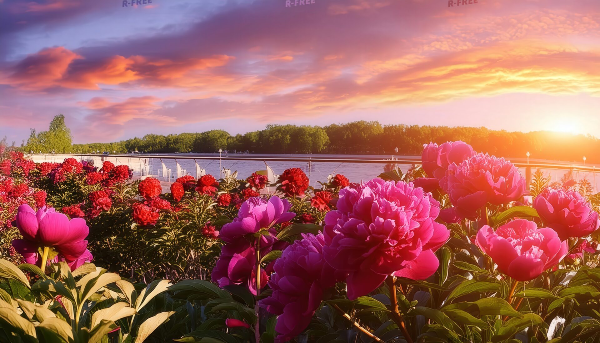 芍薬と湖畔の夕景