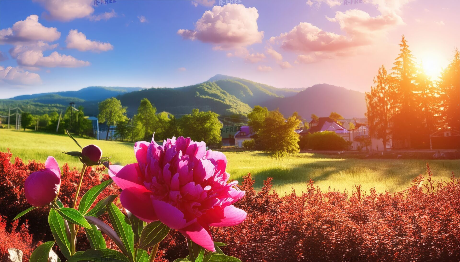 芍薬と田園風景