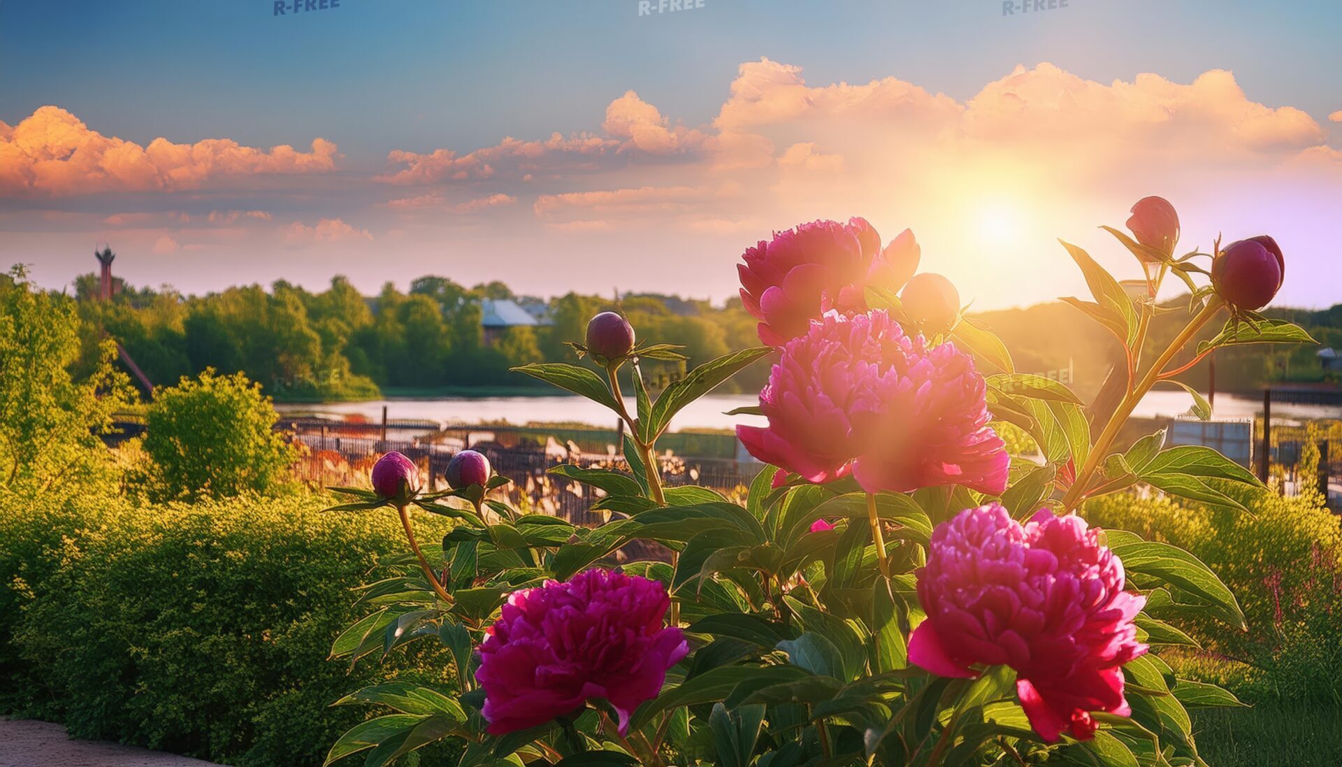 芍薬と湖の夕景